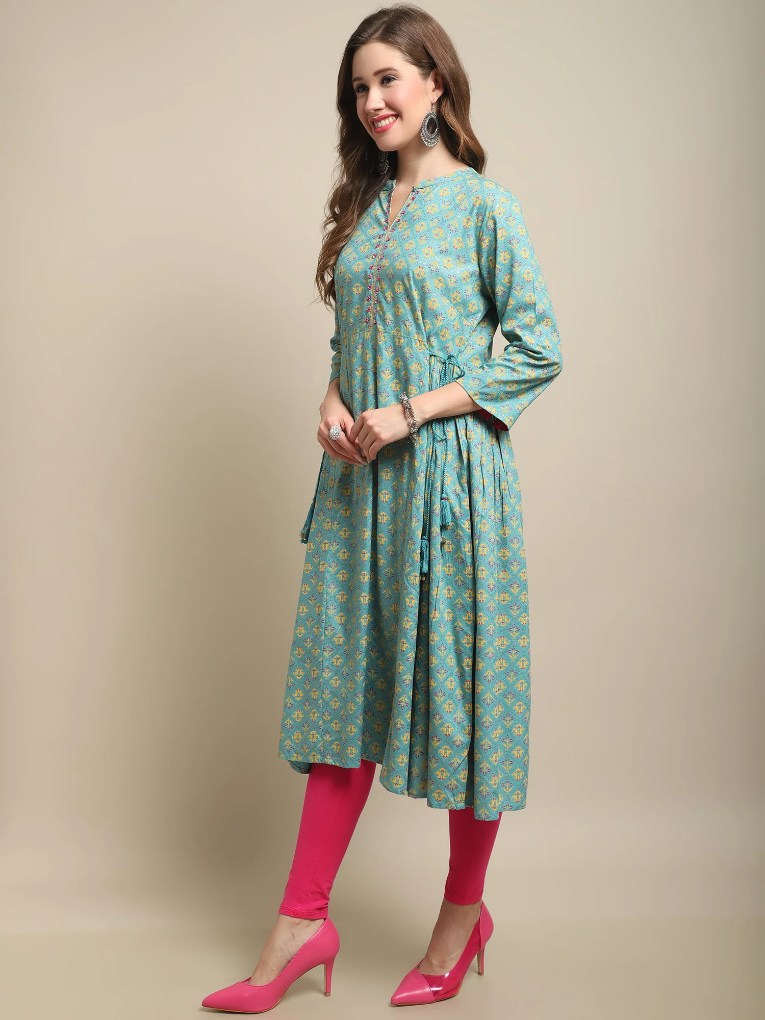 Women's Casual Band Collar Turq All over Printed Calf length Kurti - Image 3