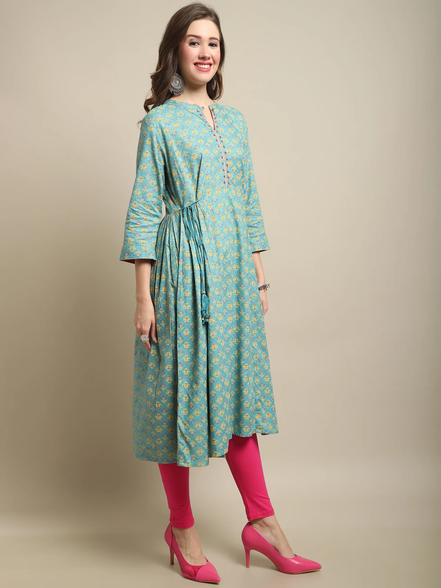 Women's Casual Band Collar Turq All over Printed Calf length Kurti - Image 4