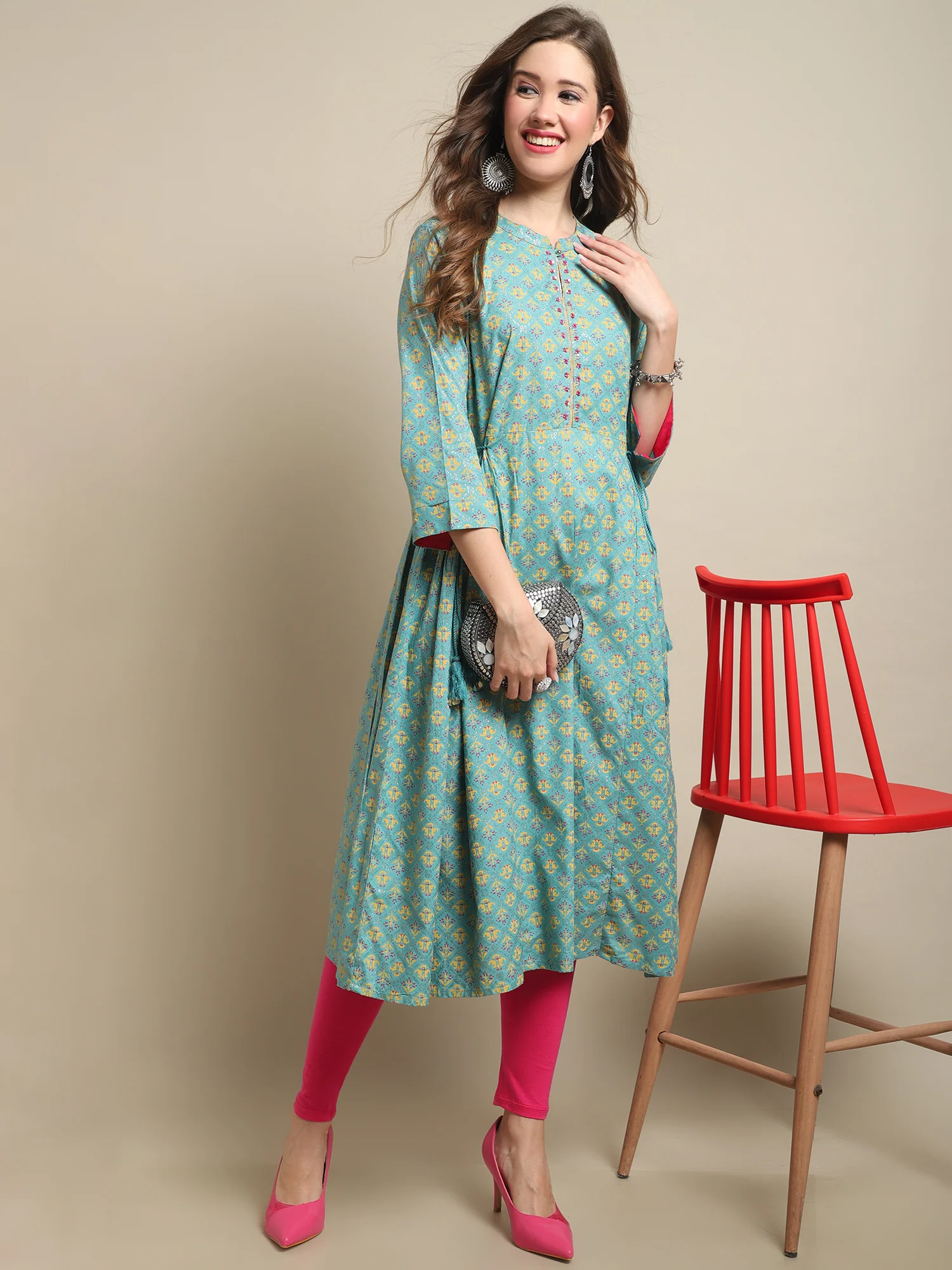 Women's Casual Band Collar Turq All over Printed Calf length Kurti - Image 5