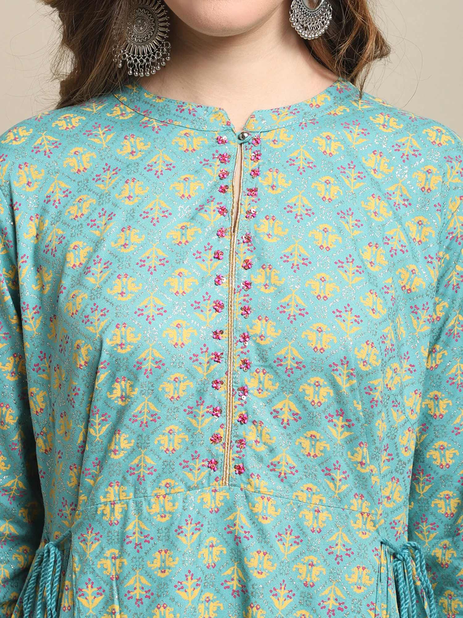 Women's Casual Band Collar Turq All over Printed Calf length Kurti - Image 6