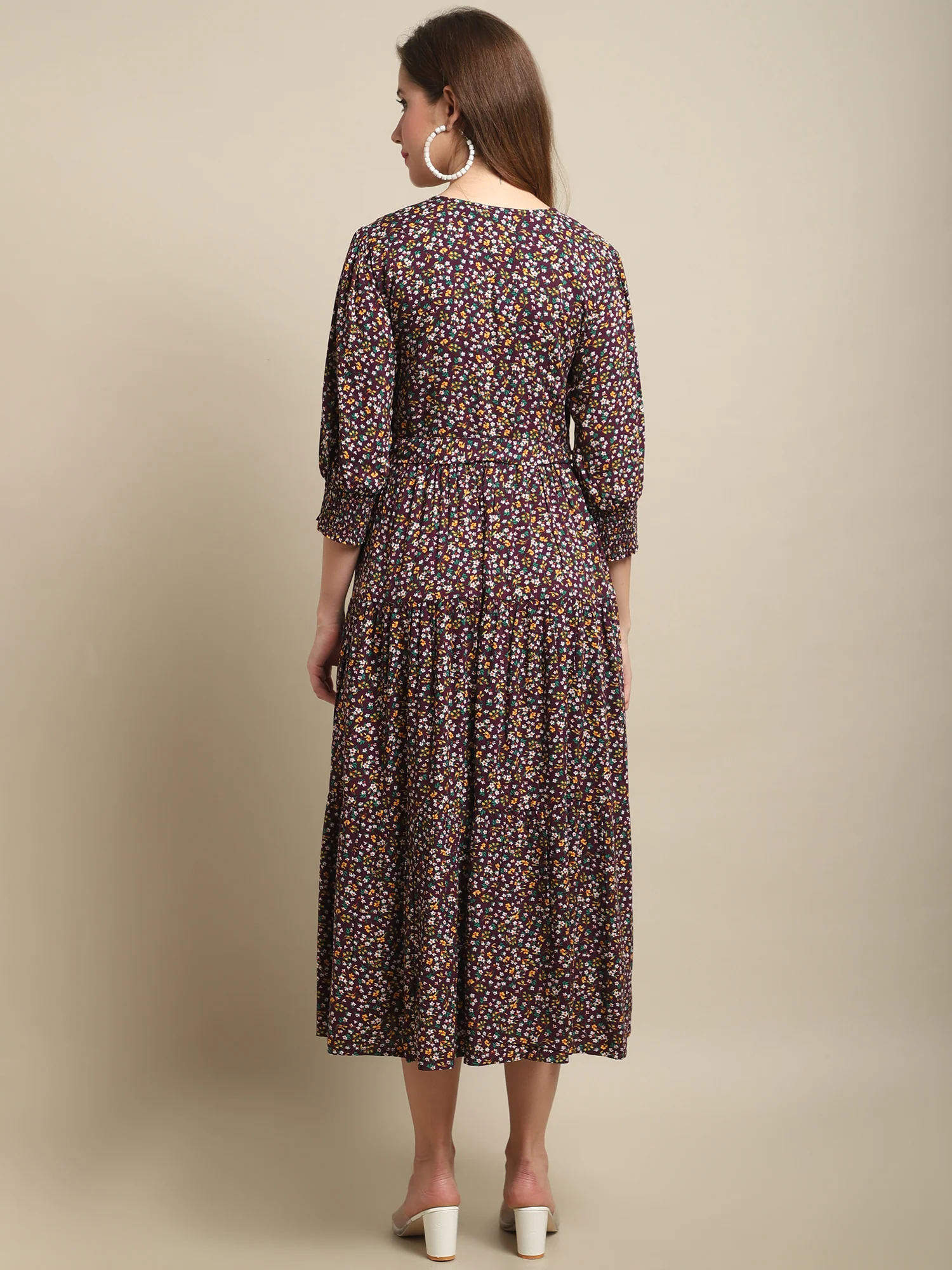 Women's Casual V neck Wine Ditsy Floral Print Fit & Flared Dress - Image 2