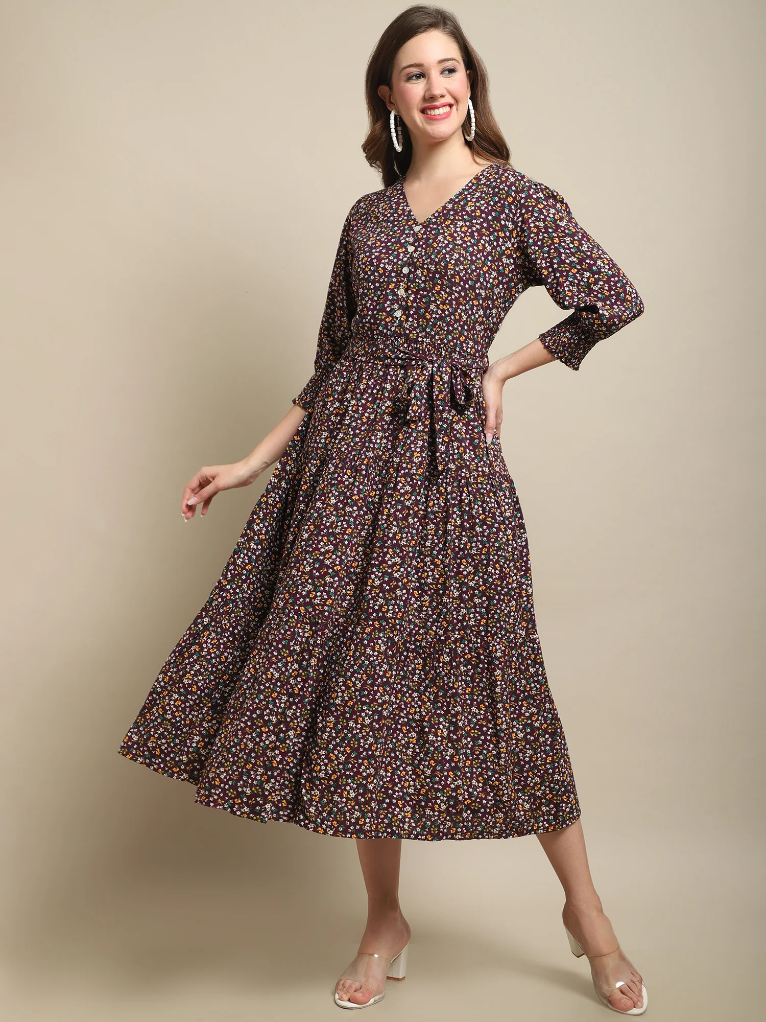 Women's Casual V neck Wine Ditsy Floral Print Fit & Flared Dress - Image 3