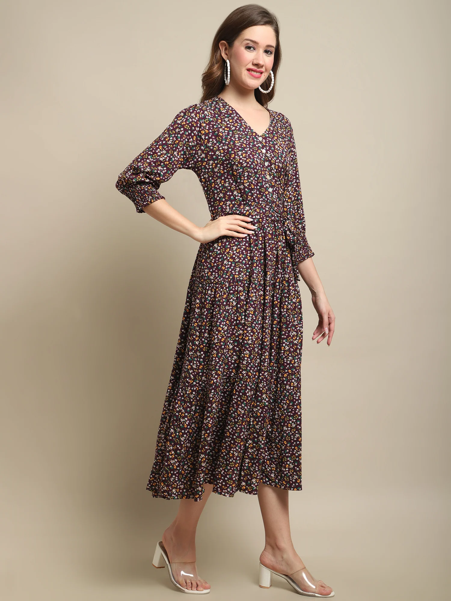 Women's Casual V neck Wine Ditsy Floral Print Fit & Flared Dress - Image 4