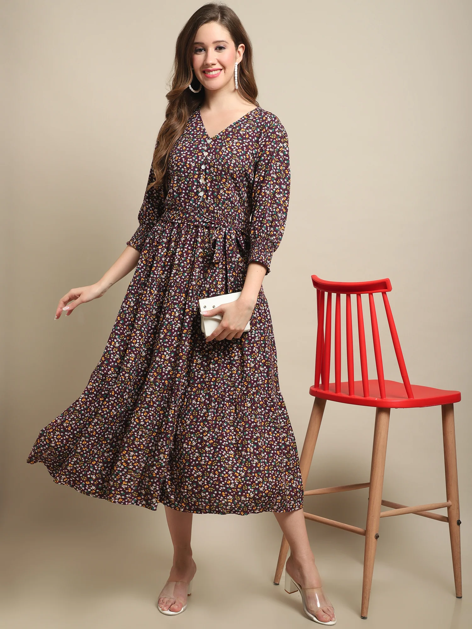 Women's Casual V neck Wine Ditsy Floral Print Fit & Flared Dress - Image 5