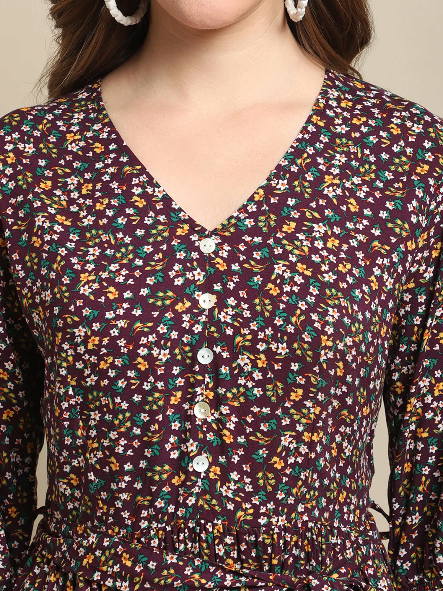 Women's Casual V neck Wine Ditsy Floral Print Fit & Flared Dress - Image 6