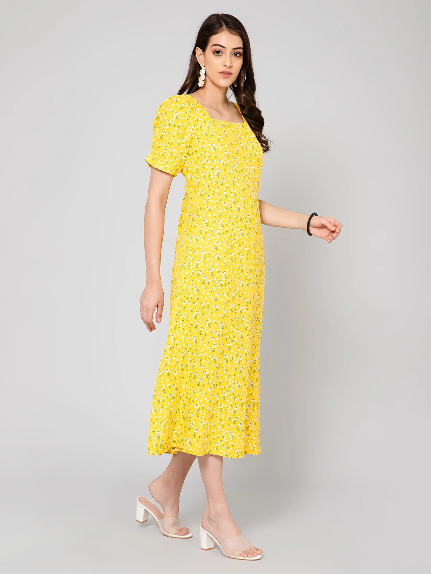 Women's Casual Square neck Yellow Ditsy Floral Print A line Dress - Image 2