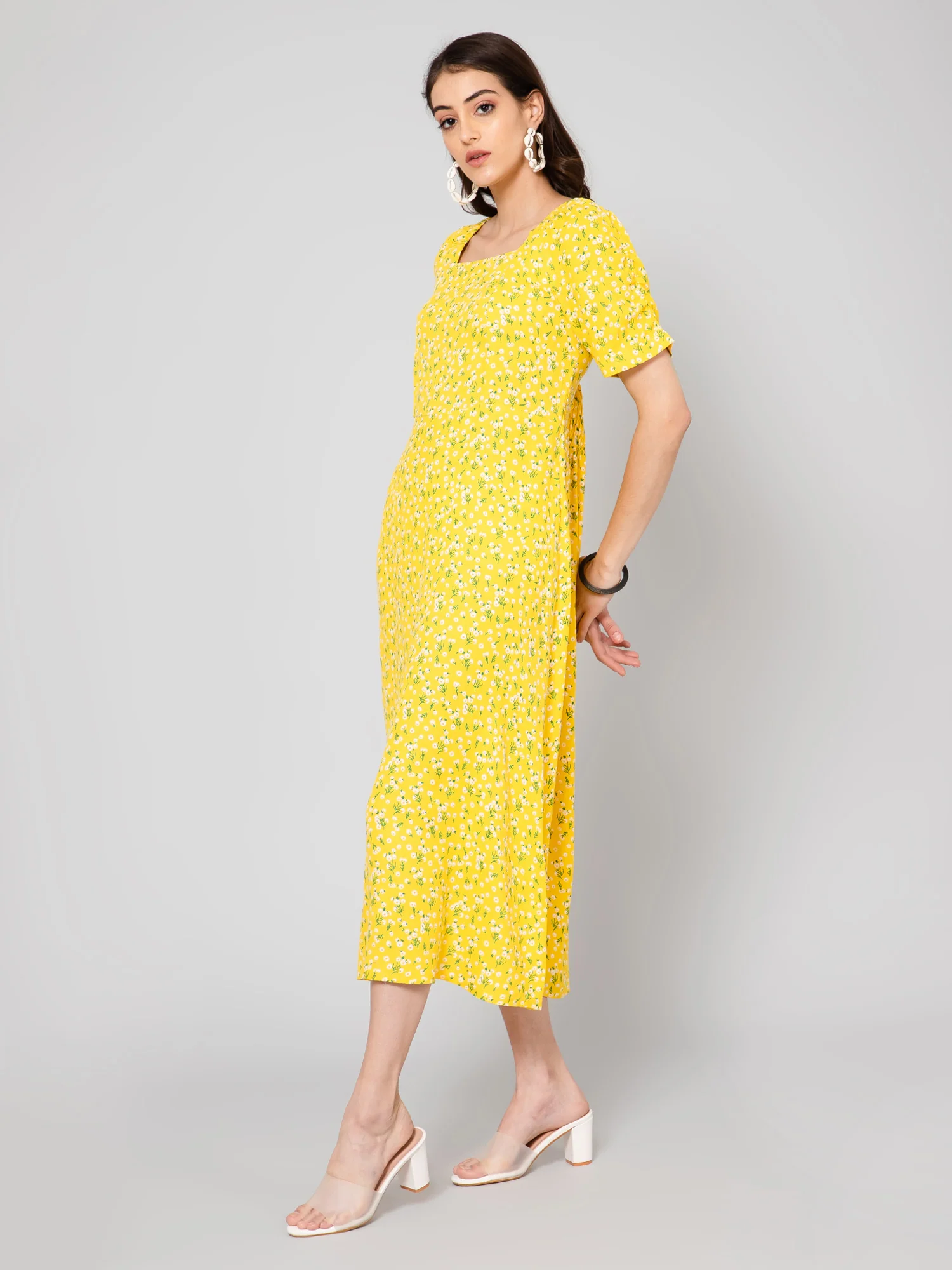 Women's Casual Square neck Yellow Ditsy Floral Print A line Dress - Image 3