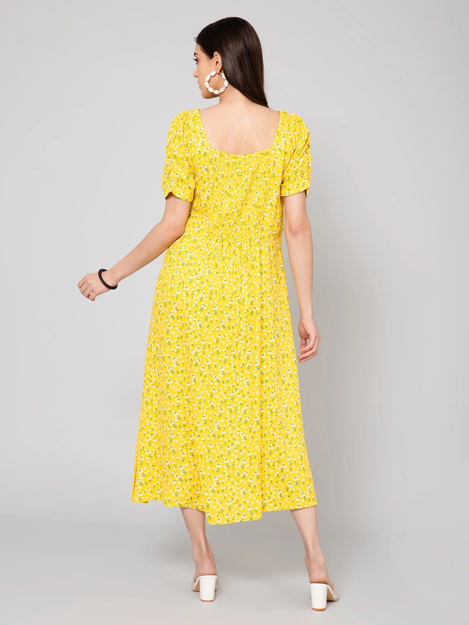 Women's Casual Square neck Yellow Ditsy Floral Print A line Dress - Image 4