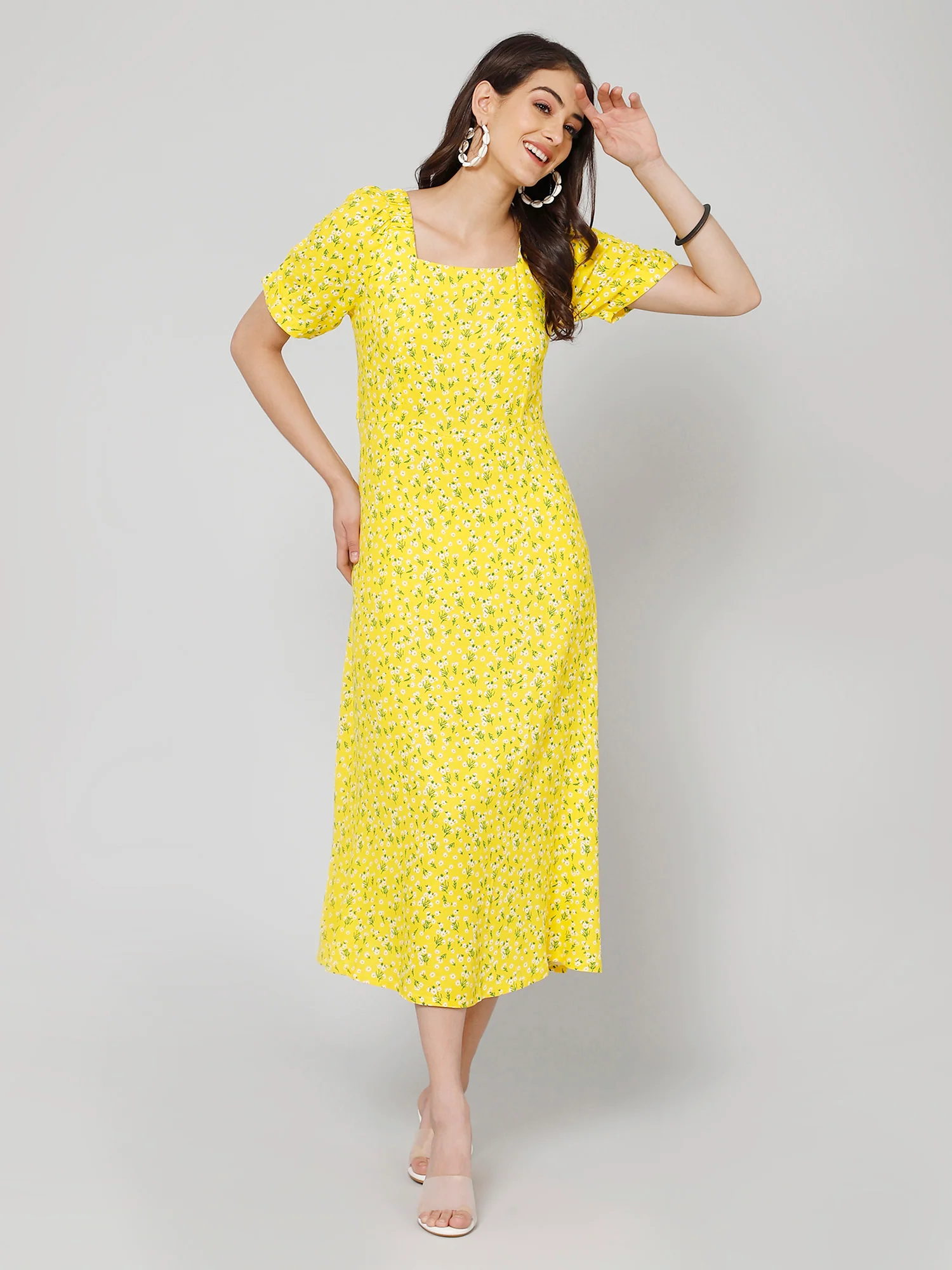 Women's Casual Square neck Yellow Ditsy Floral Print A line Dress - Image 5