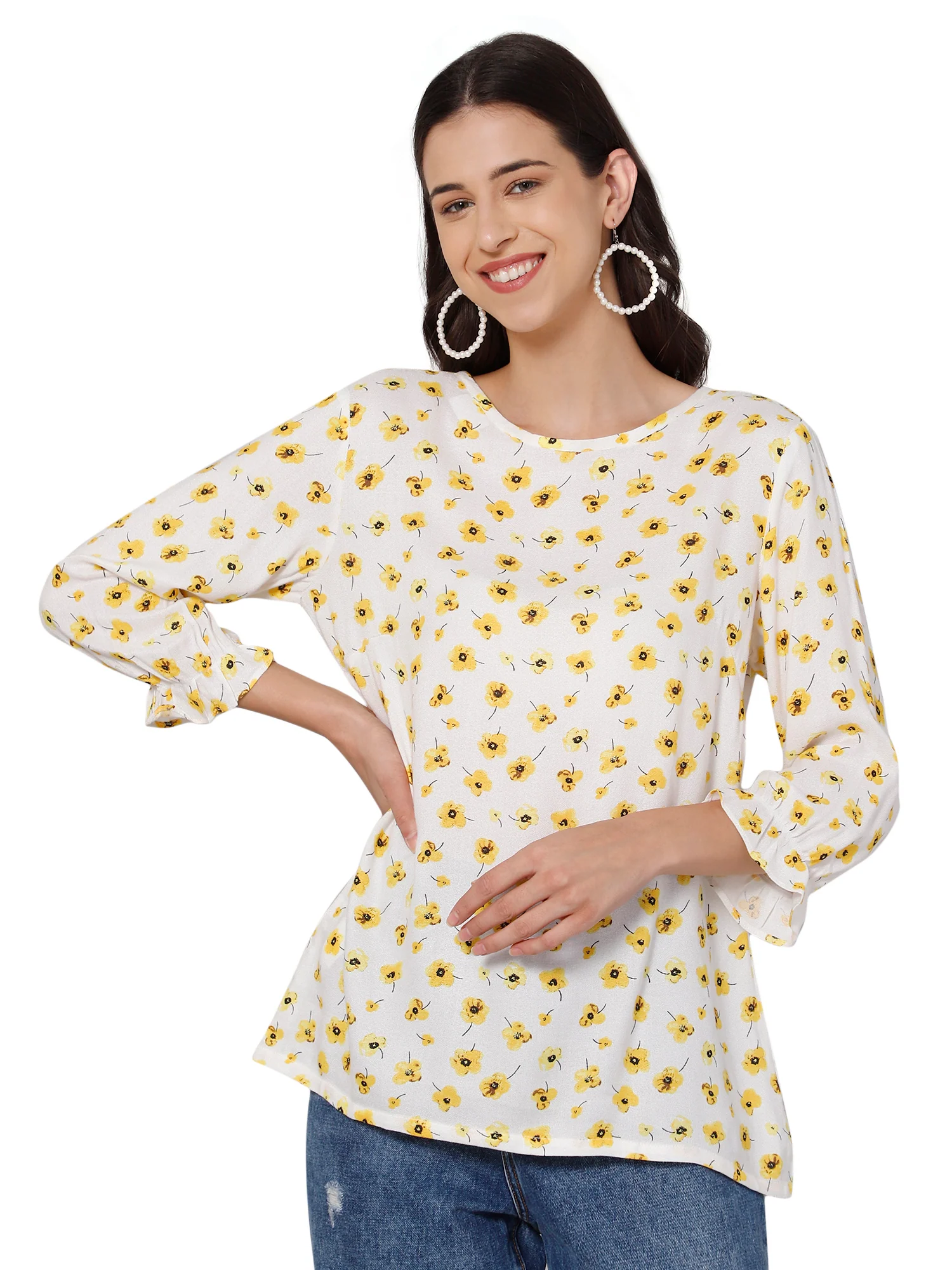 Women's Casual  Yellow Floral Print Round neck Tunic - Image 2
