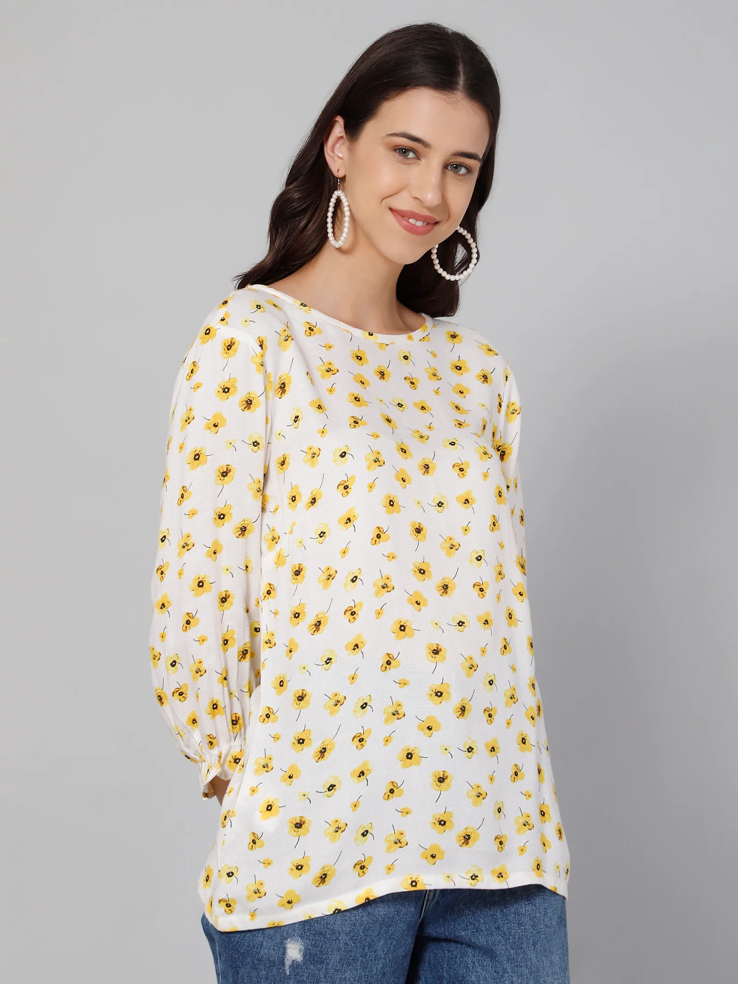 Women's Casual  Yellow Floral Print Round neck Tunic - Image 3