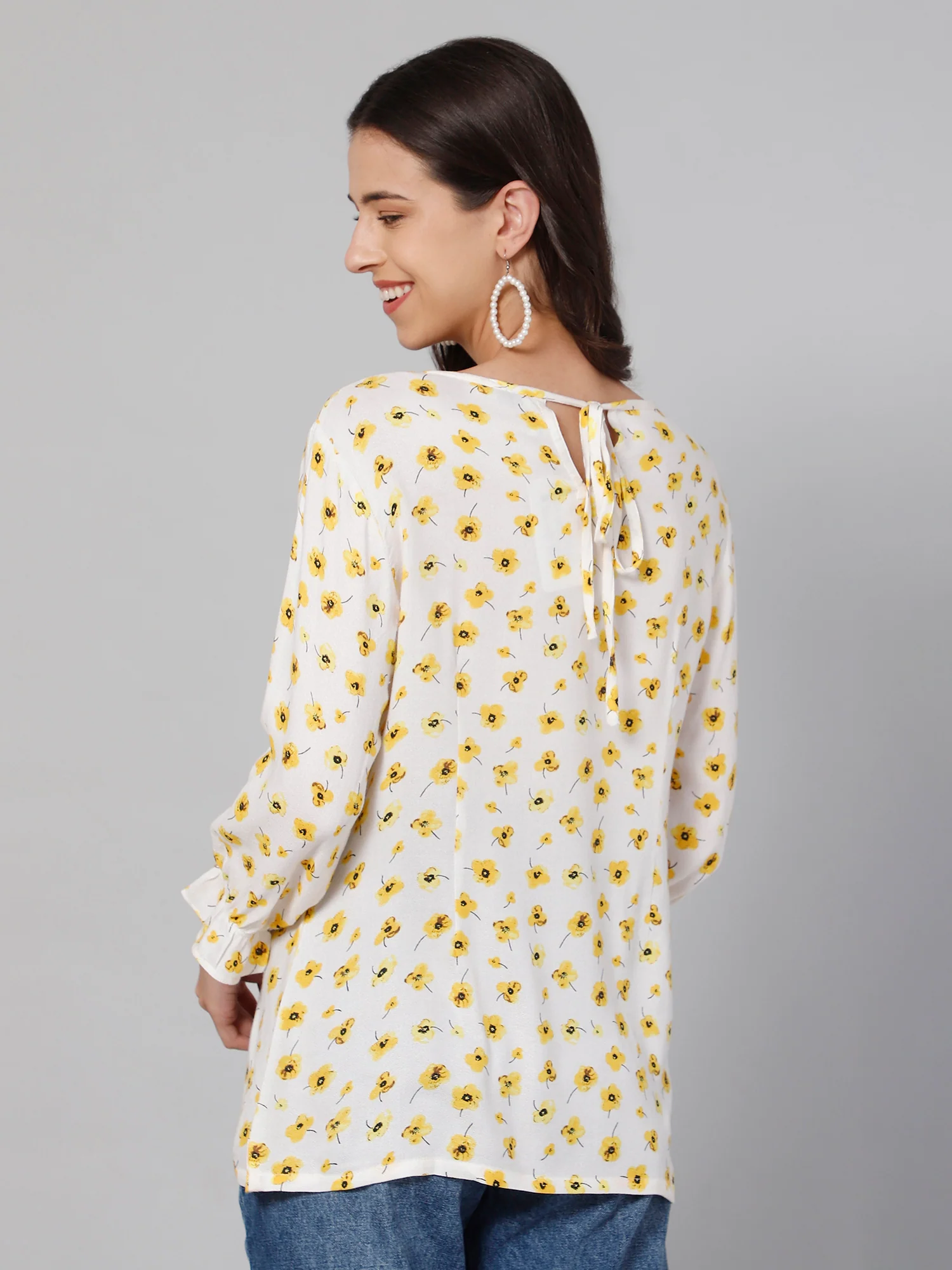 Women's Casual  Yellow Floral Print Round neck Tunic - Image 5