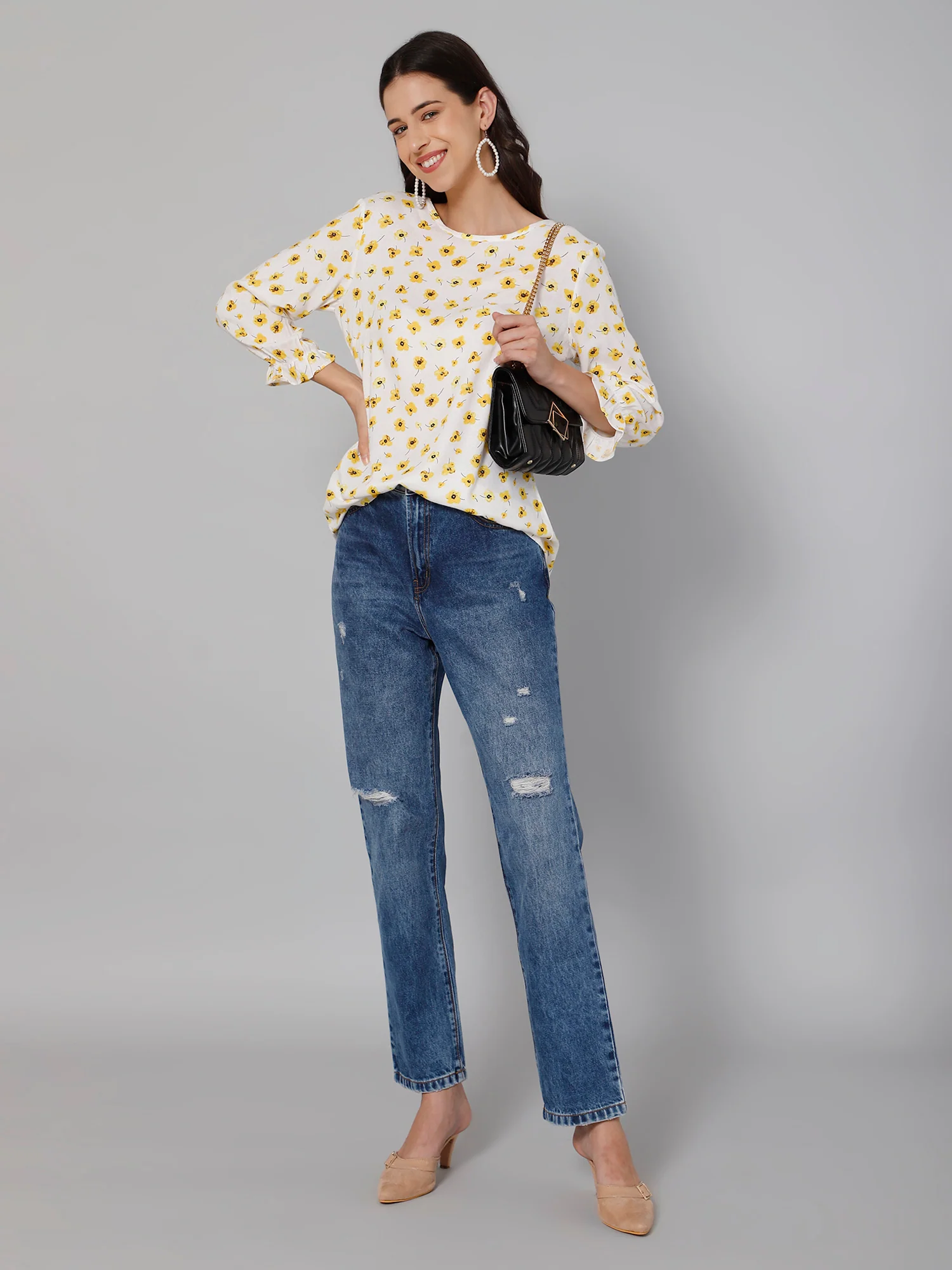 Women's Casual  Yellow Floral Print Round neck Tunic - Image 6