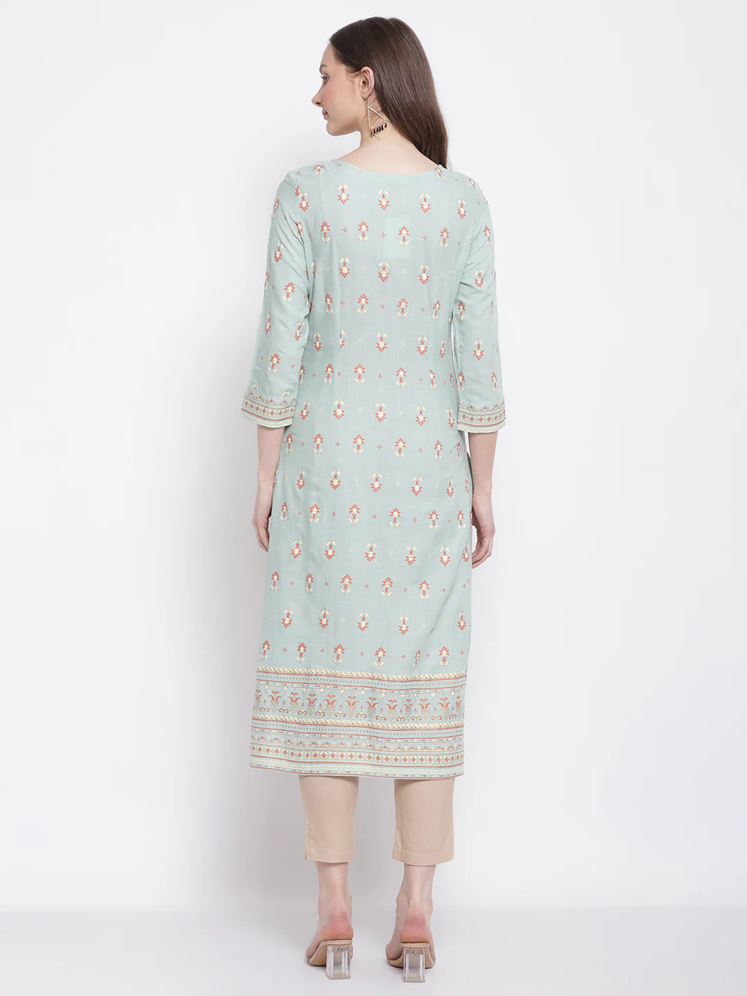 Women's Casual Round Neck Aqua All Over Printed with Border Calf Length Kurti - Image 2