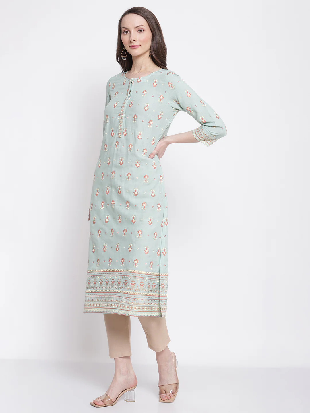 Women's Casual Round Neck Aqua All Over Printed with Border Calf Length Kurti - Image 3