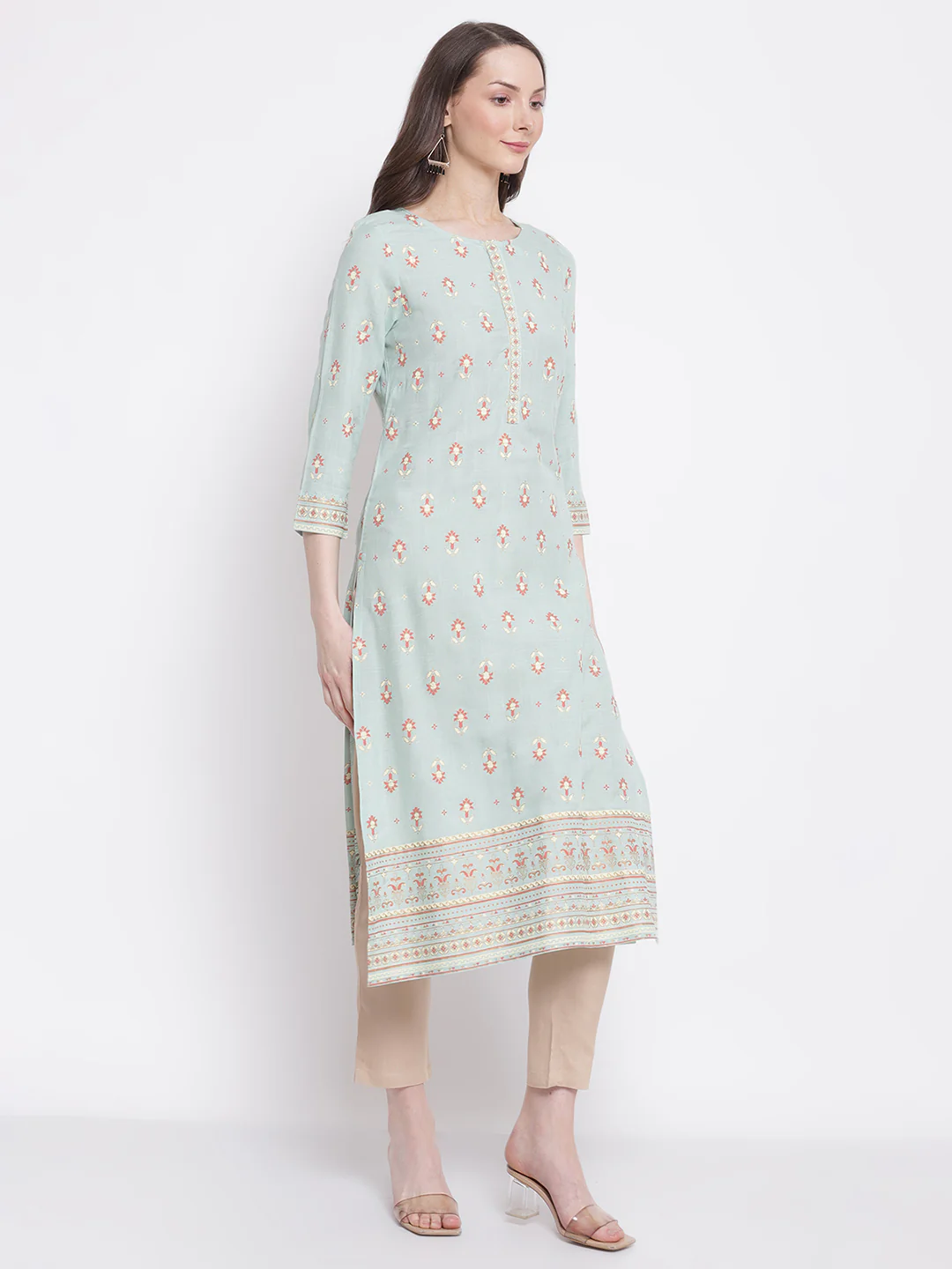 Women's Casual Round Neck Aqua All Over Printed with Border Calf Length Kurti - Image 4