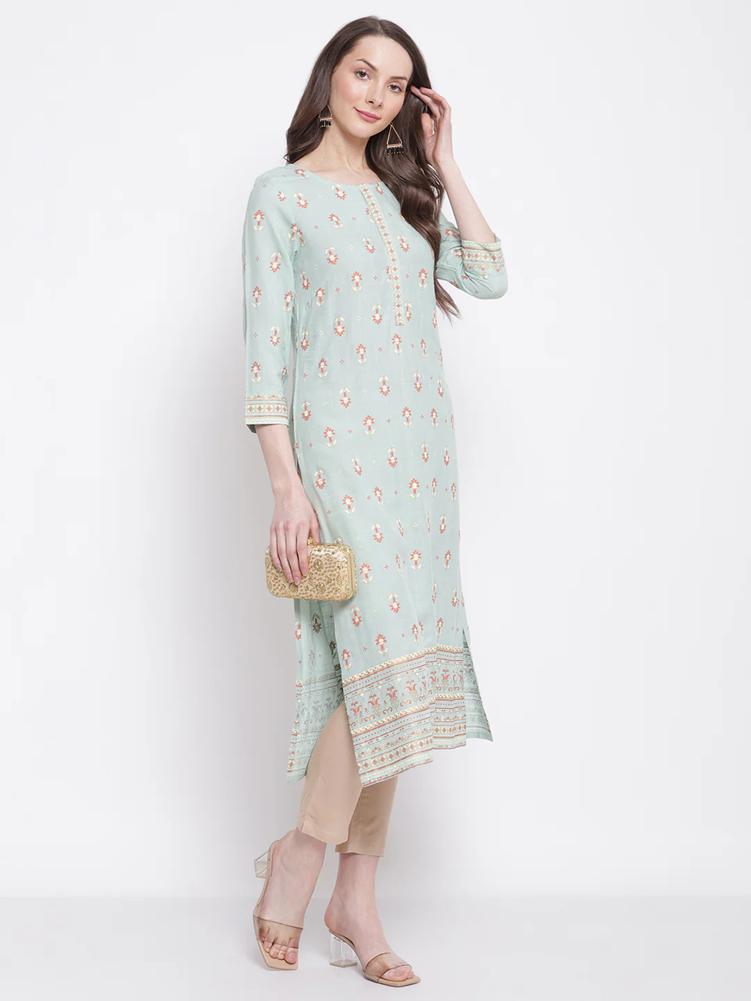 Women's Casual Round Neck Aqua All Over Printed with Border Calf Length Kurti - Image 5