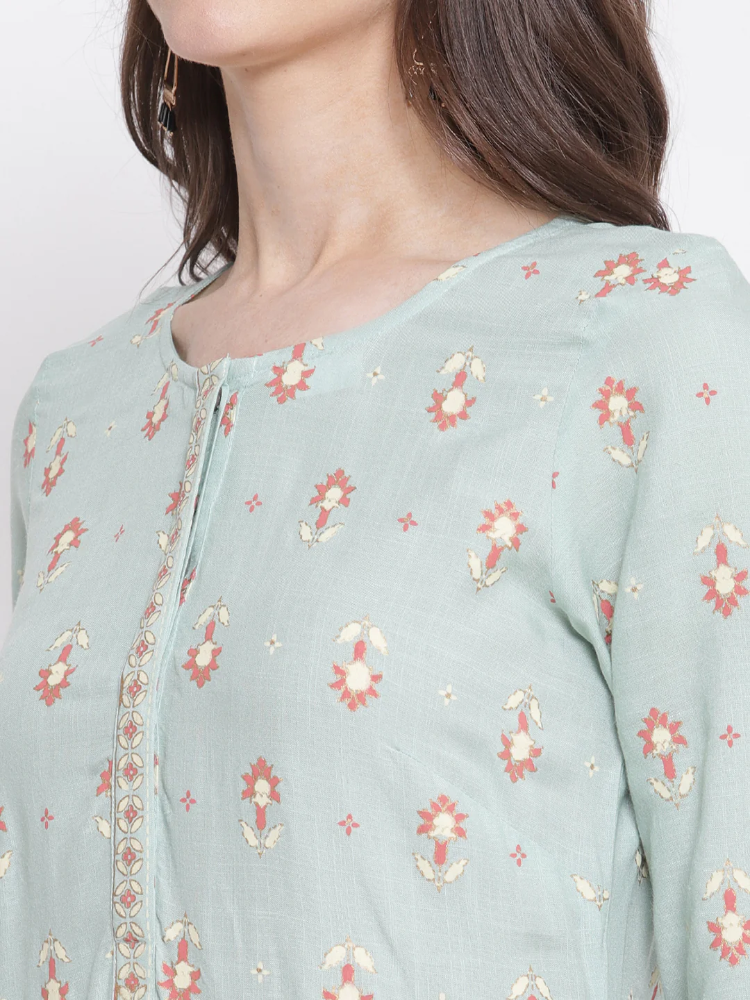 Women's Casual Round Neck Aqua All Over Printed with Border Calf Length Kurti - Image 6