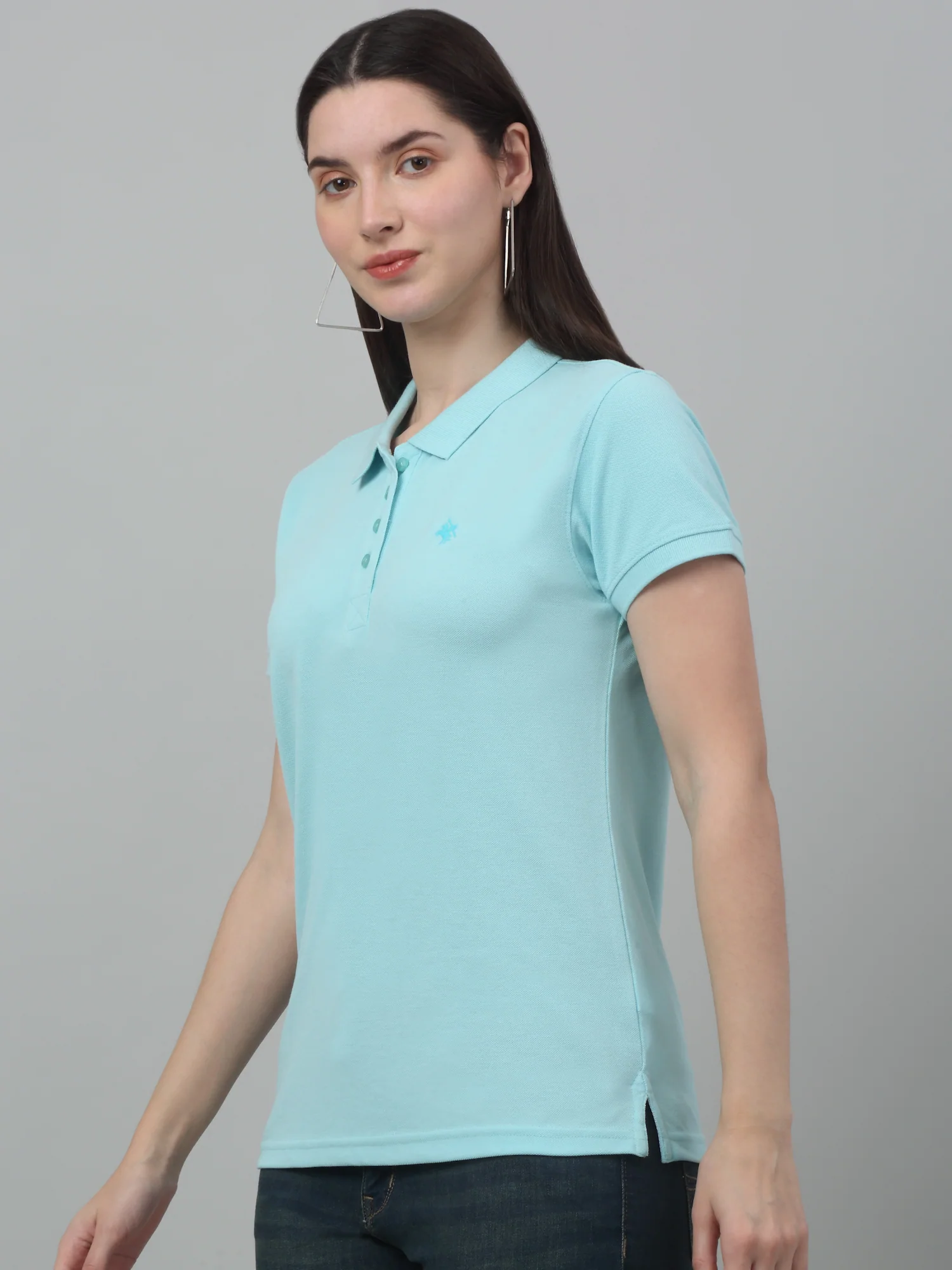 Women's Casual Regular Short Sleeve Aqua Polo neck  T-Shirt - Image 3