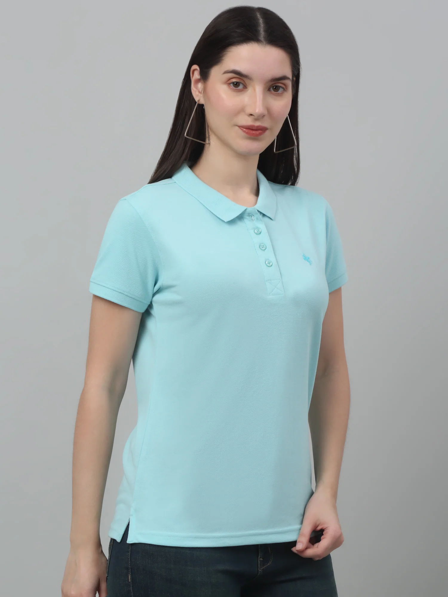 Women's Casual Regular Short Sleeve Aqua Polo neck  T-Shirt - Image 4