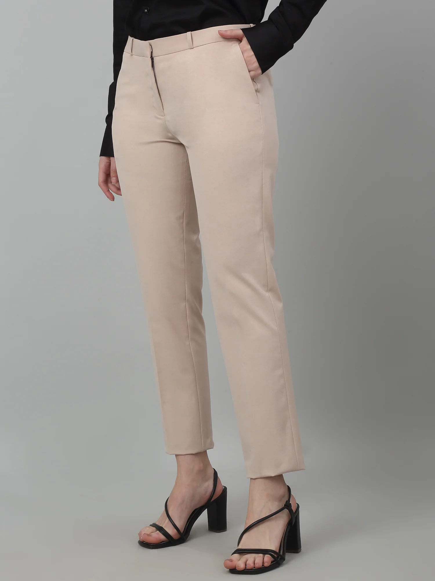 Women's Formal Flat Front Beige Full length Mid rise Trousers - Image 2