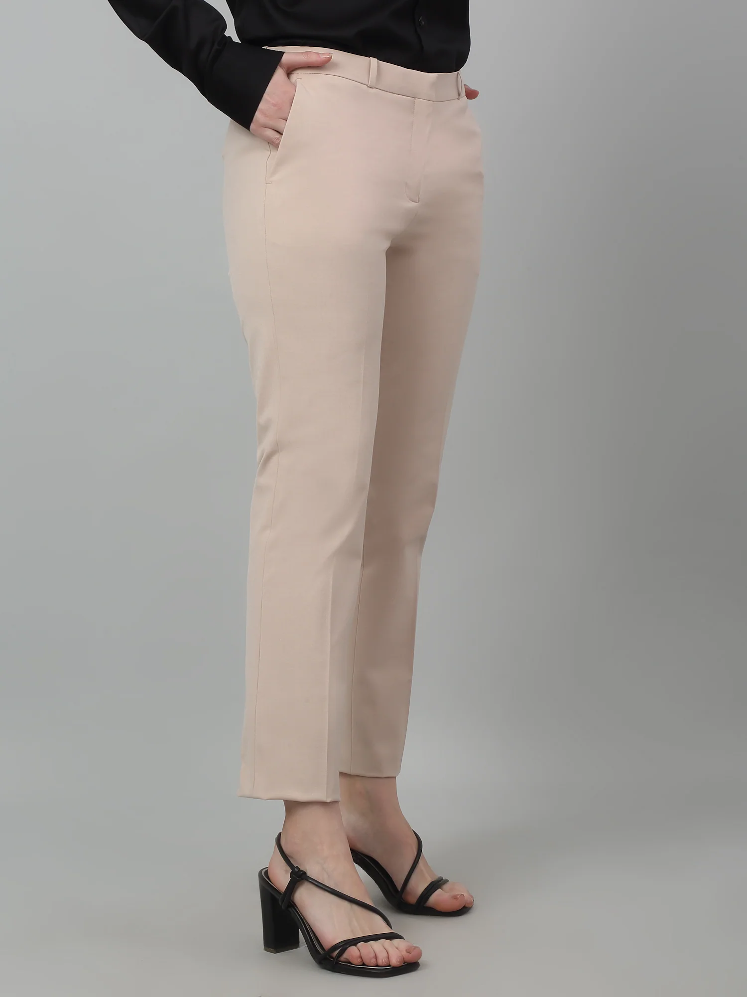 Women's Formal Flat Front Beige Full length Mid rise Trousers - Image 3