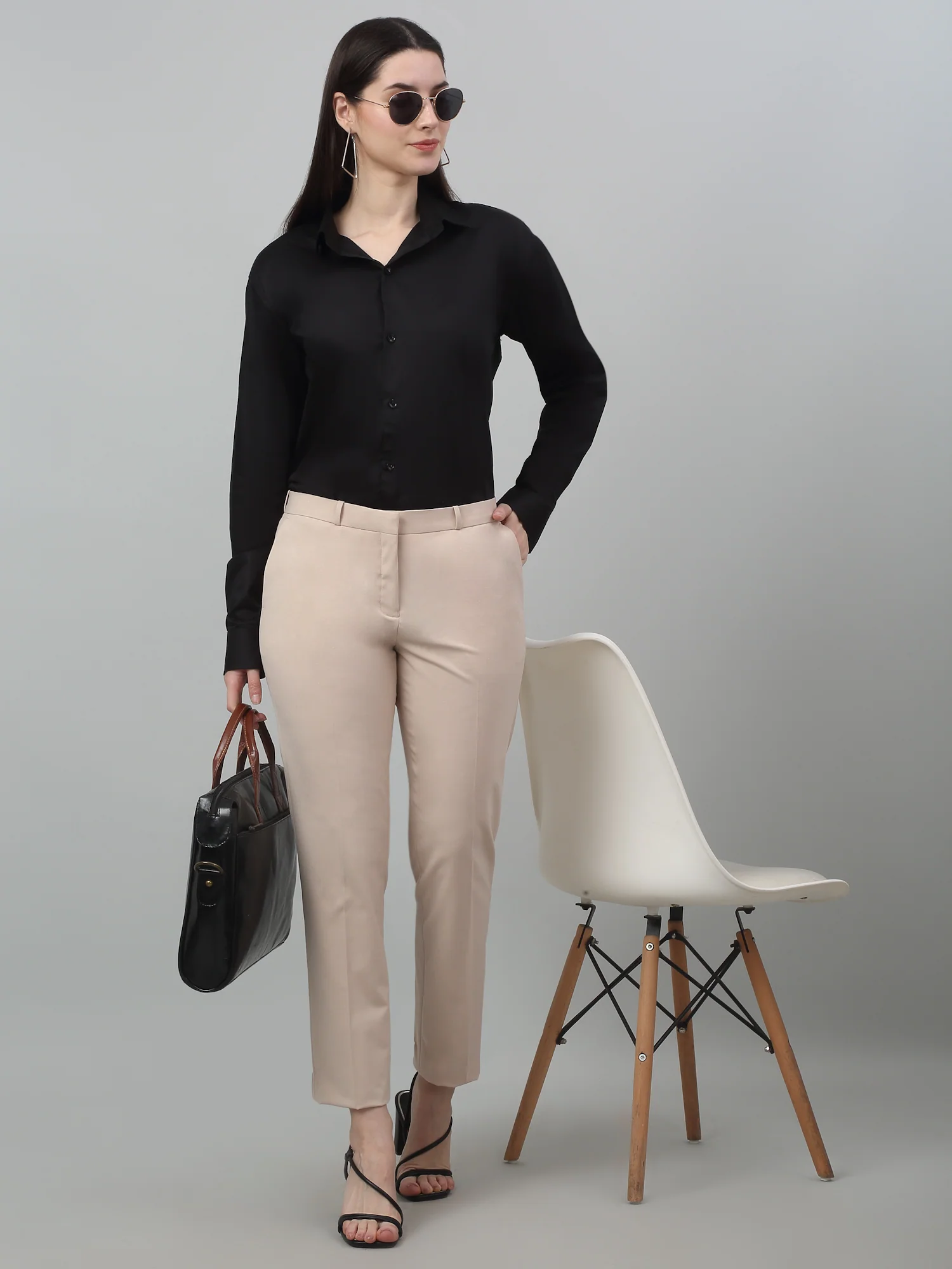 Women's Formal Flat Front Beige Full length Mid rise Trousers - Image 5