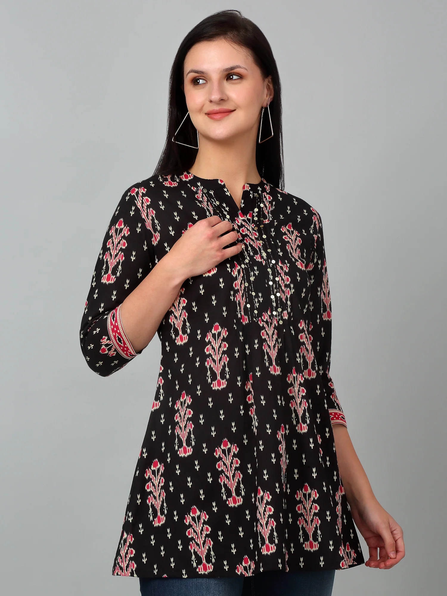 Women's Band Collar Black All Over Printed Short Length Kurti - Image 2