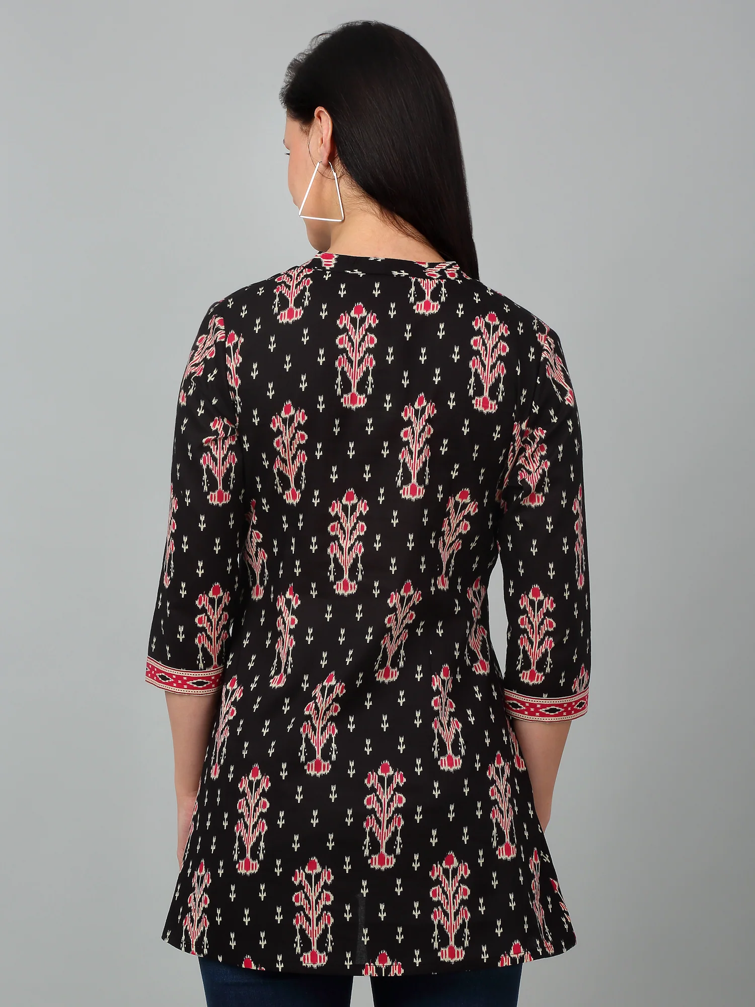 Women's Band Collar Black All Over Printed Short Length Kurti - Image 4