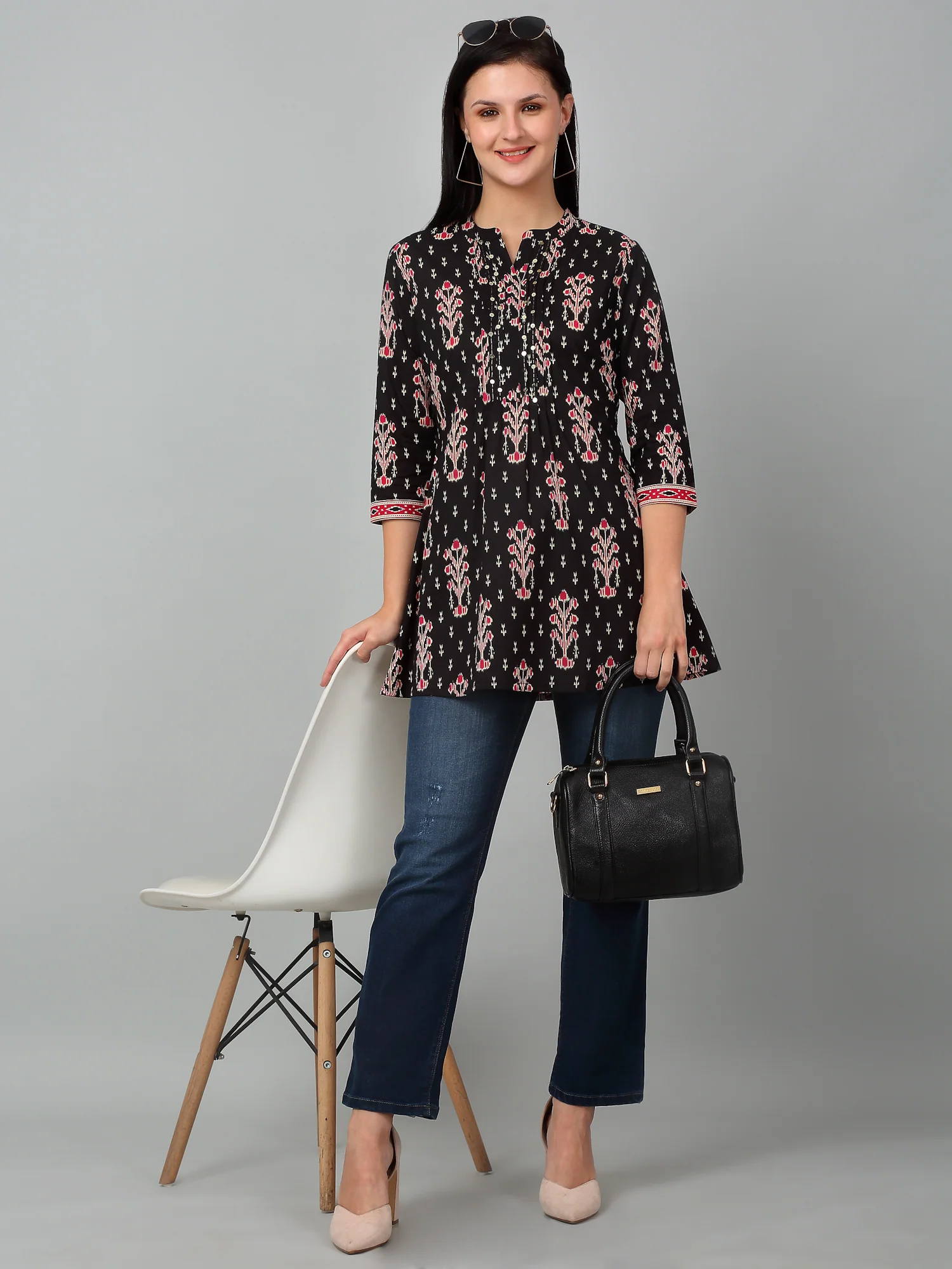 Women's Band Collar Black All Over Printed Short Length Kurti - Image 6