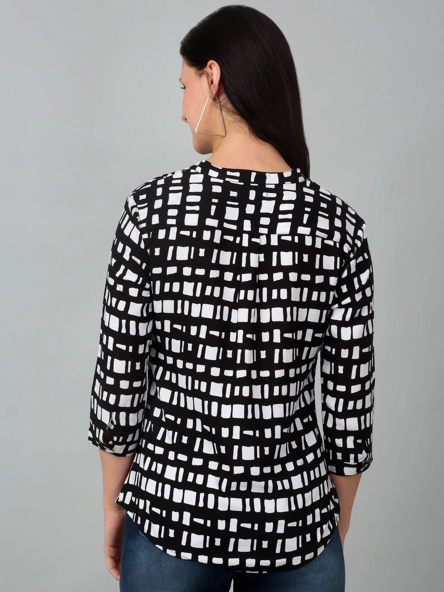 Women's Casual  Black Geometric Print Mandarin Collar Tunic - Image 2