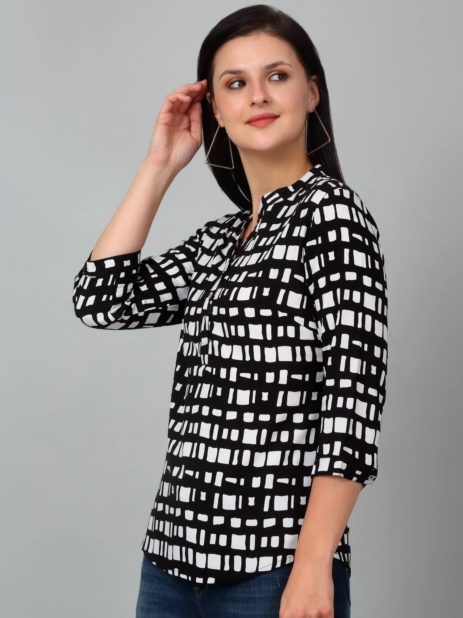 Women's Casual  Black Geometric Print Mandarin Collar Tunic - Image 4
