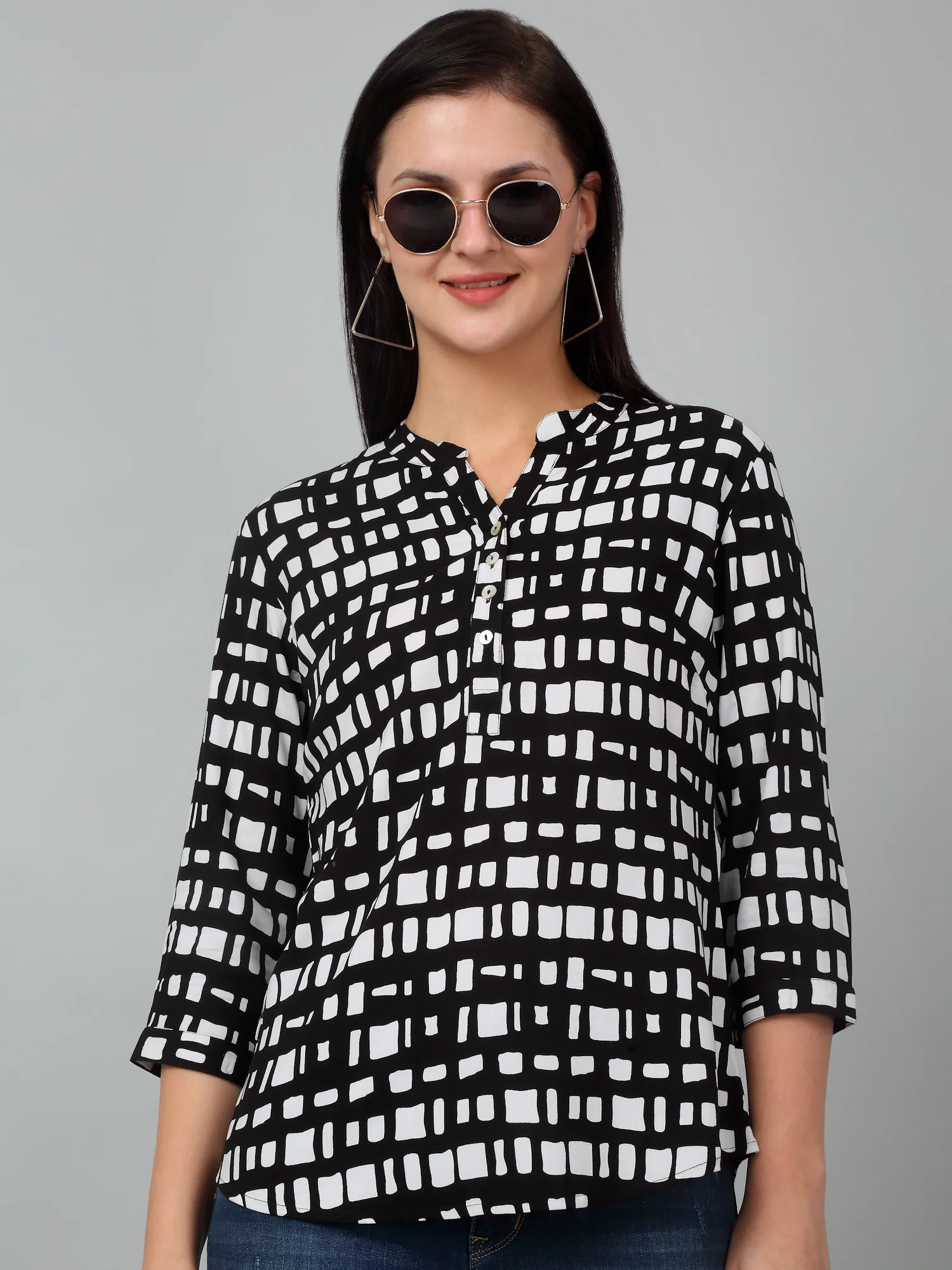 Women's Casual  Black Geometric Print Mandarin Collar Tunic - Image 6