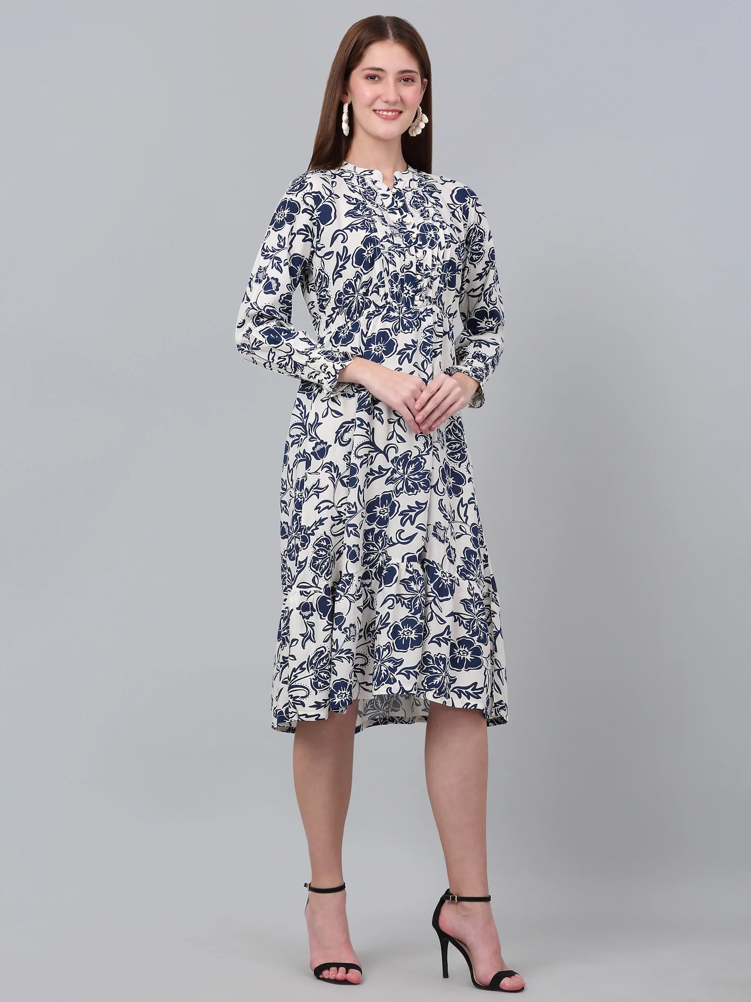 Women's Casual Mandarin collar Blue Floral Print Fit & Flared Dress - Image 3