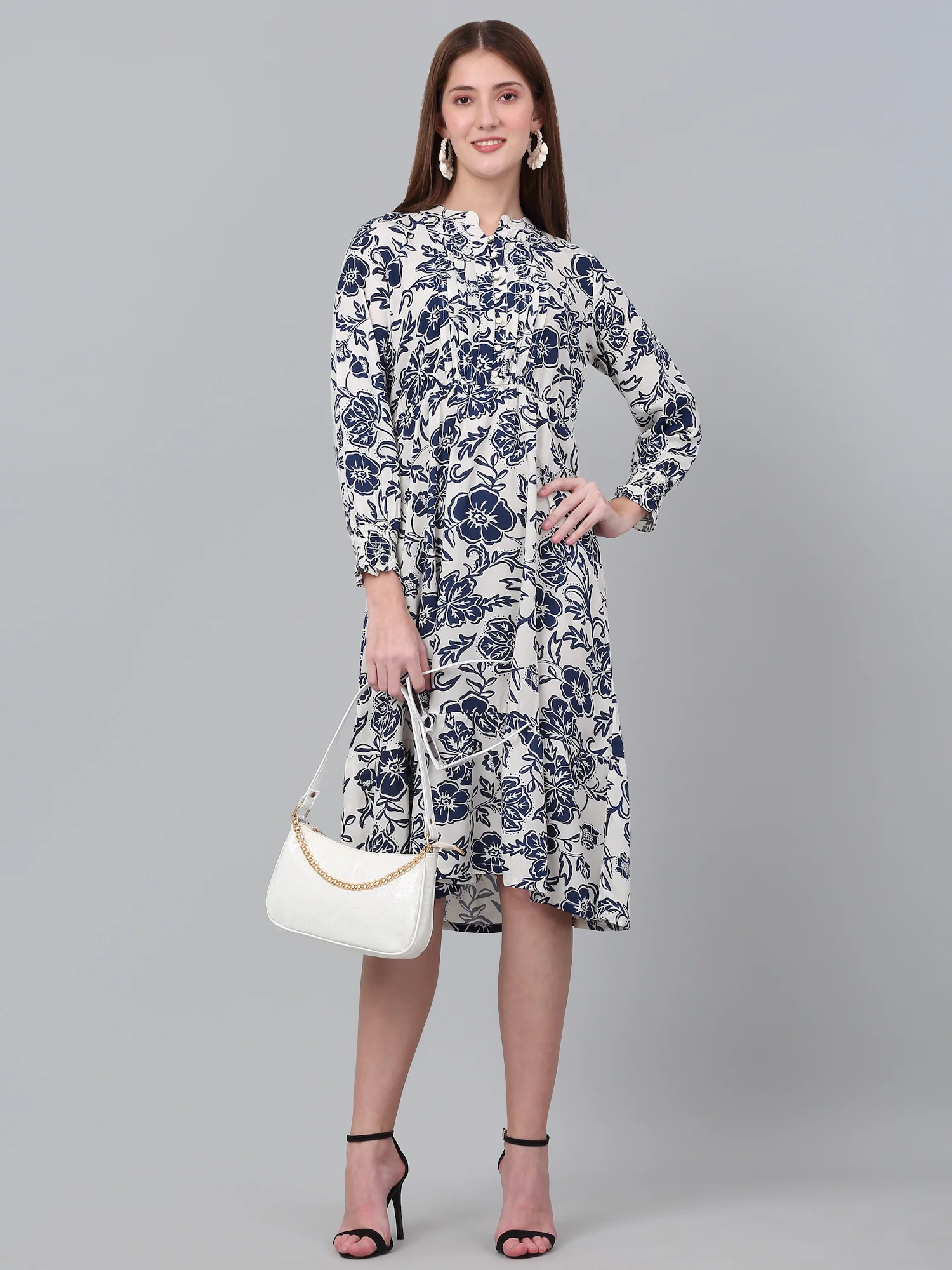 Women's Casual Mandarin collar Blue Floral Print Fit & Flared Dress - Image 6