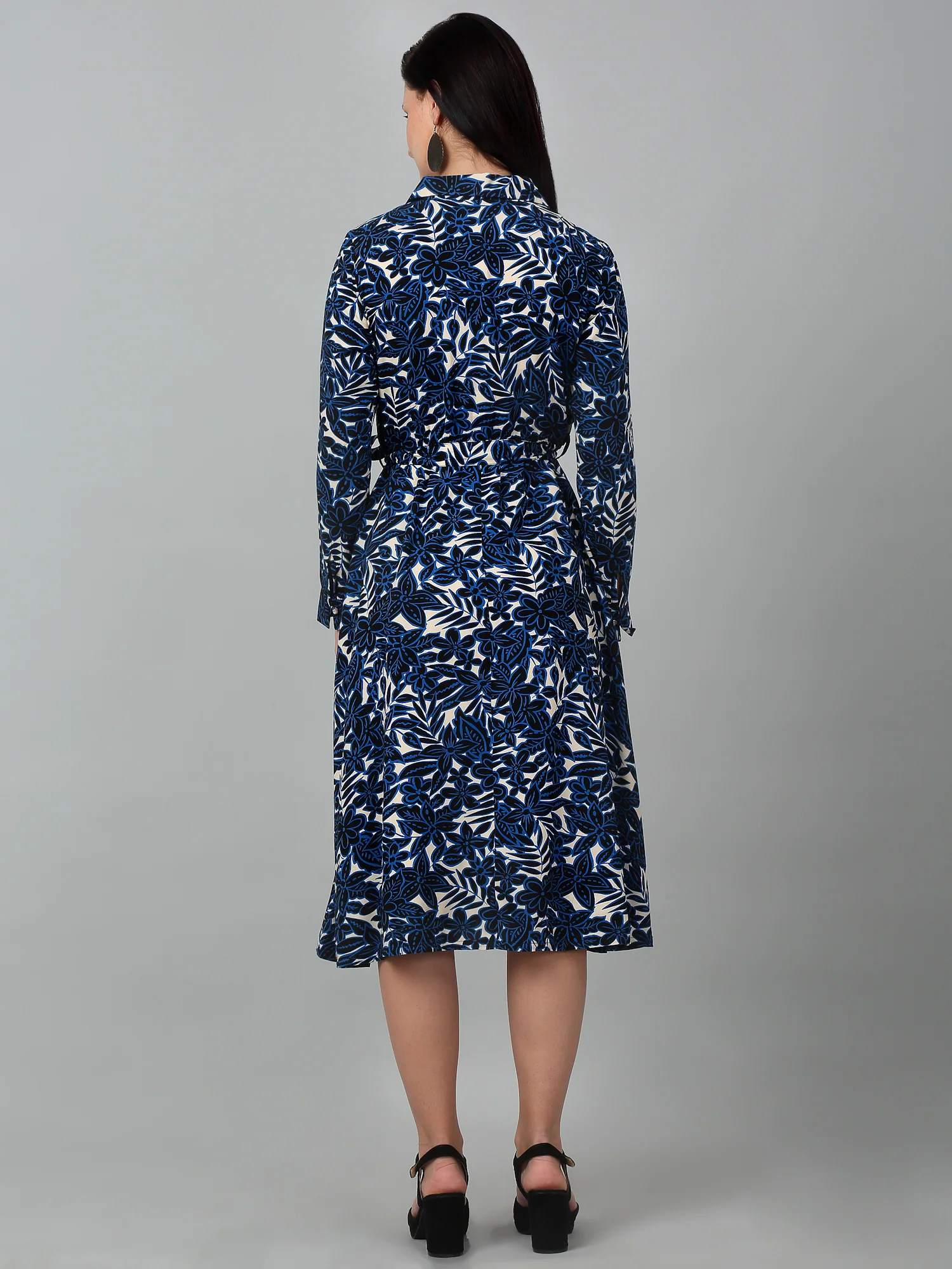 Women's Blue Floral Printed Full Sleeves Casual Dress - Image 2