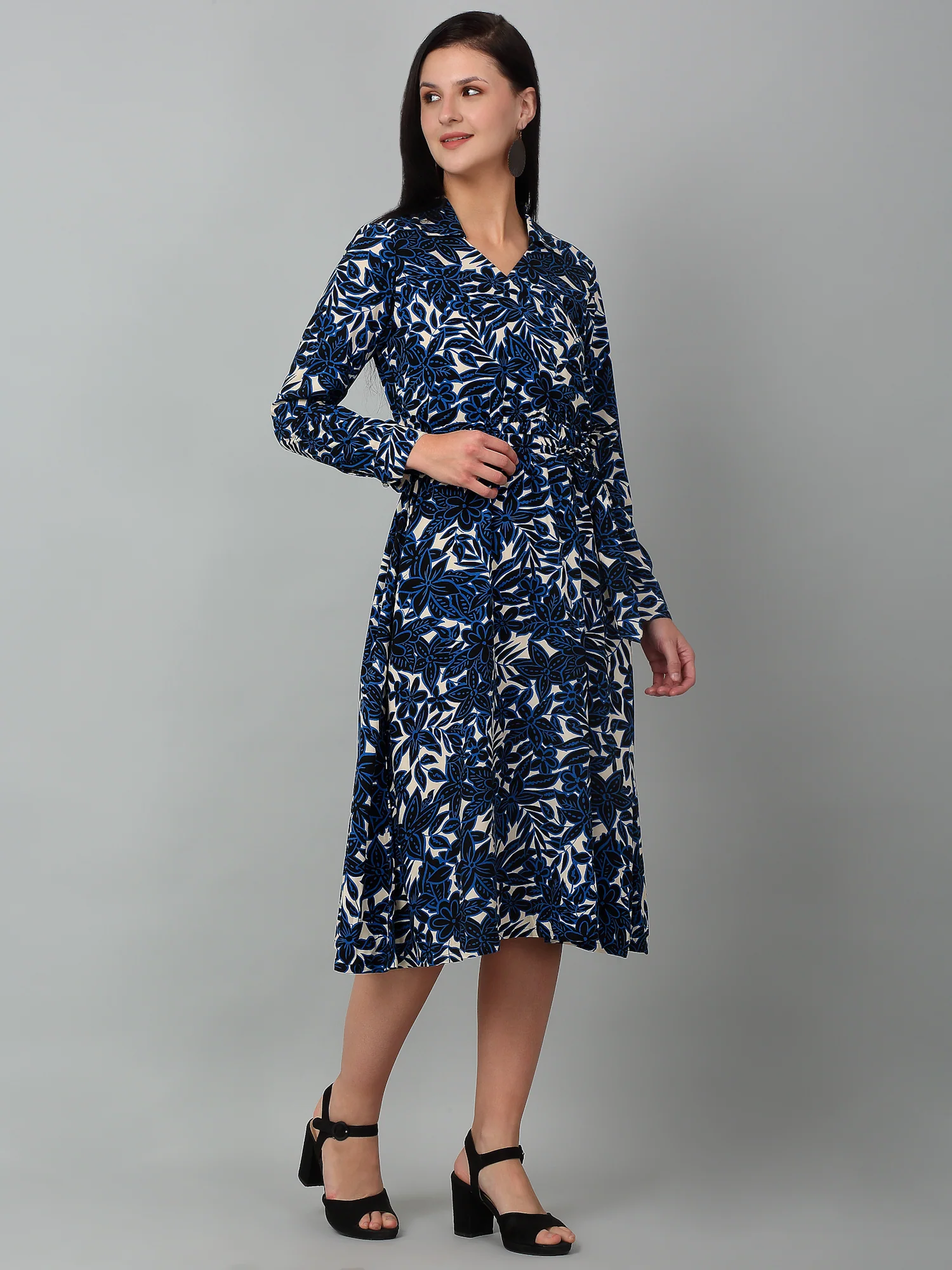 Women's Blue Floral Printed Full Sleeves Casual Dress - Image 3