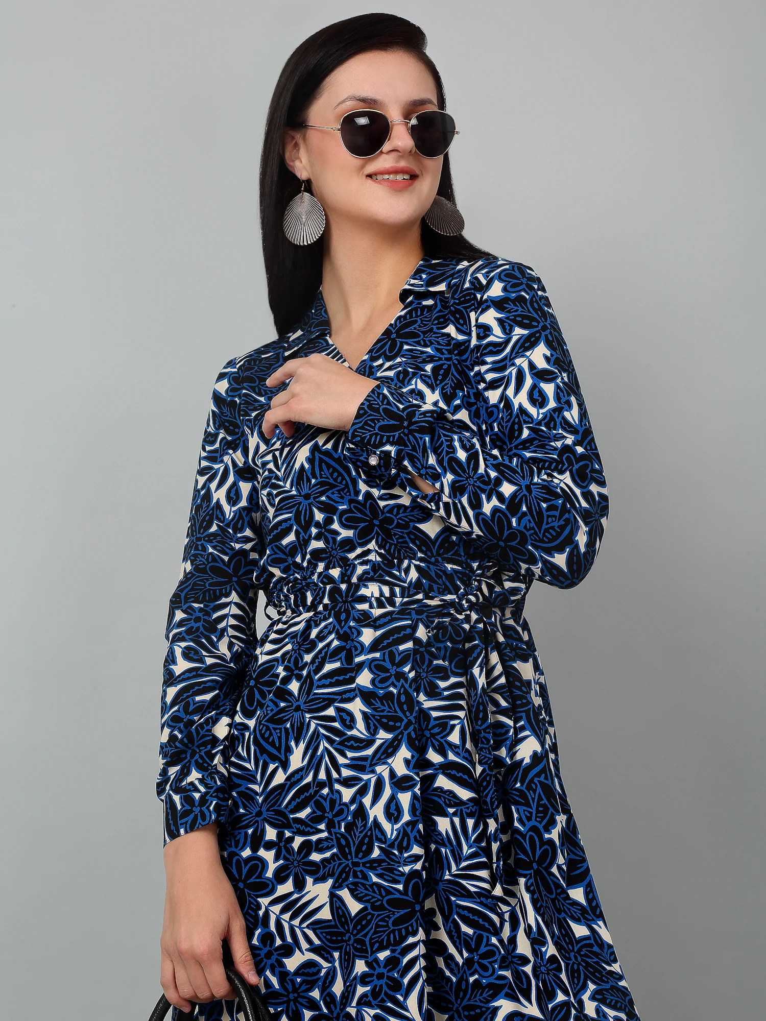 Women's Blue Floral Printed Full Sleeves Casual Dress - Image 6