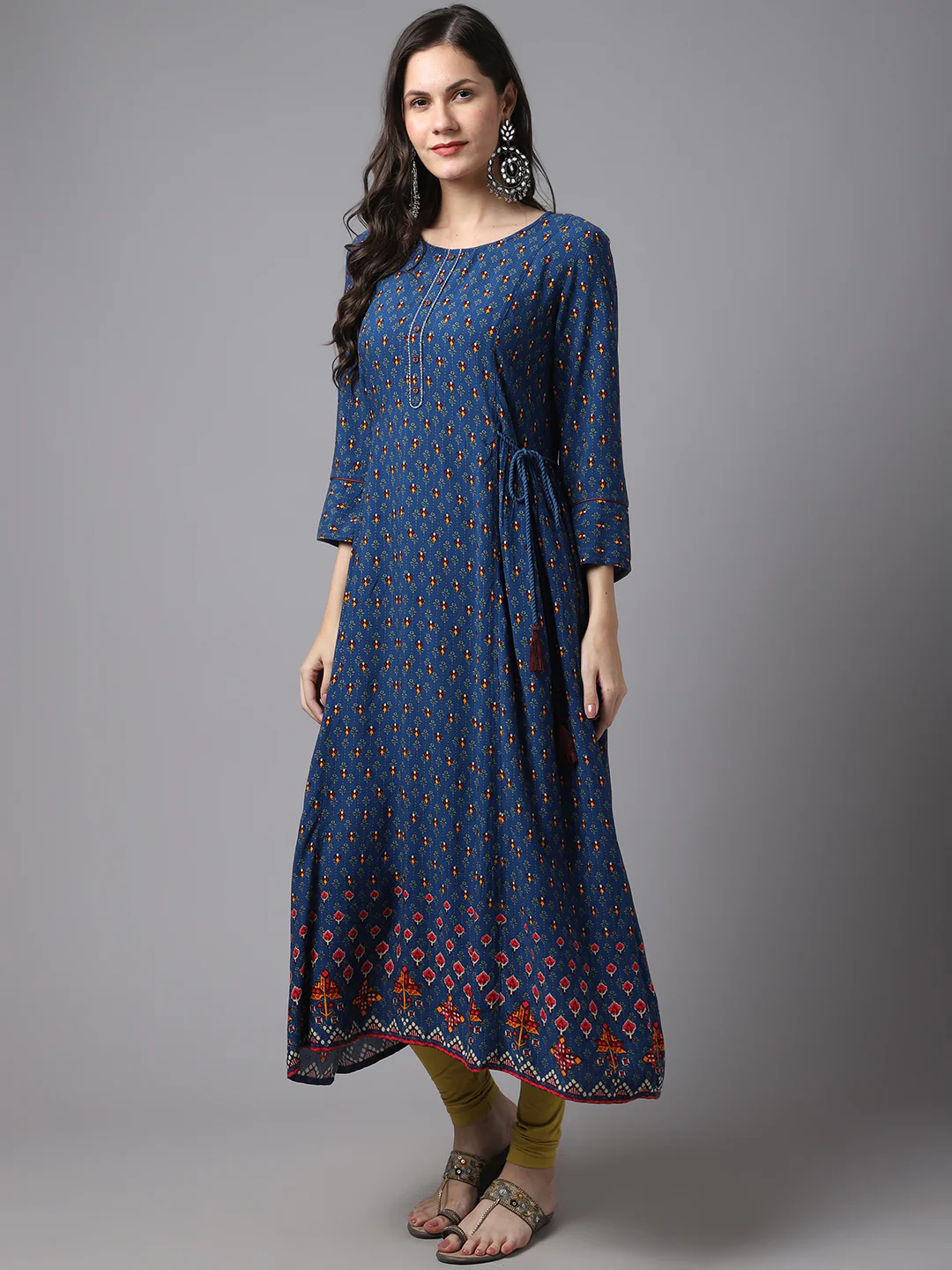 Women's Casual Round neck Blue Printed Calf length Kurti - Image 3