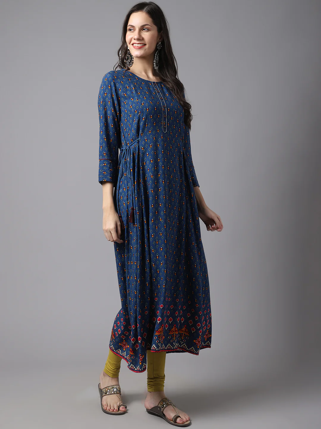 Women's Casual Round neck Blue Printed Calf length Kurti - Image 4