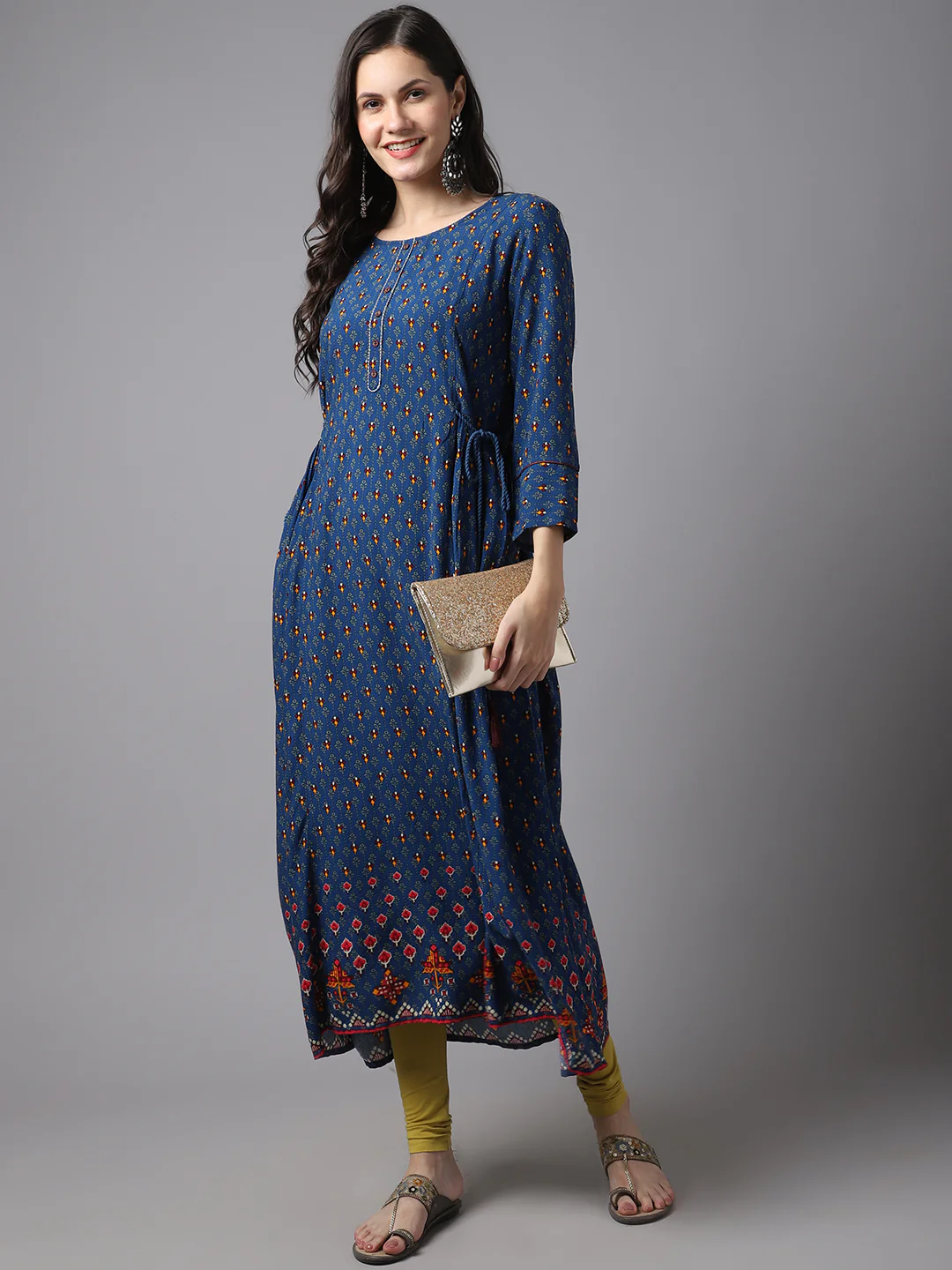 Women's Casual Round neck Blue Printed Calf length Kurti - Image 5