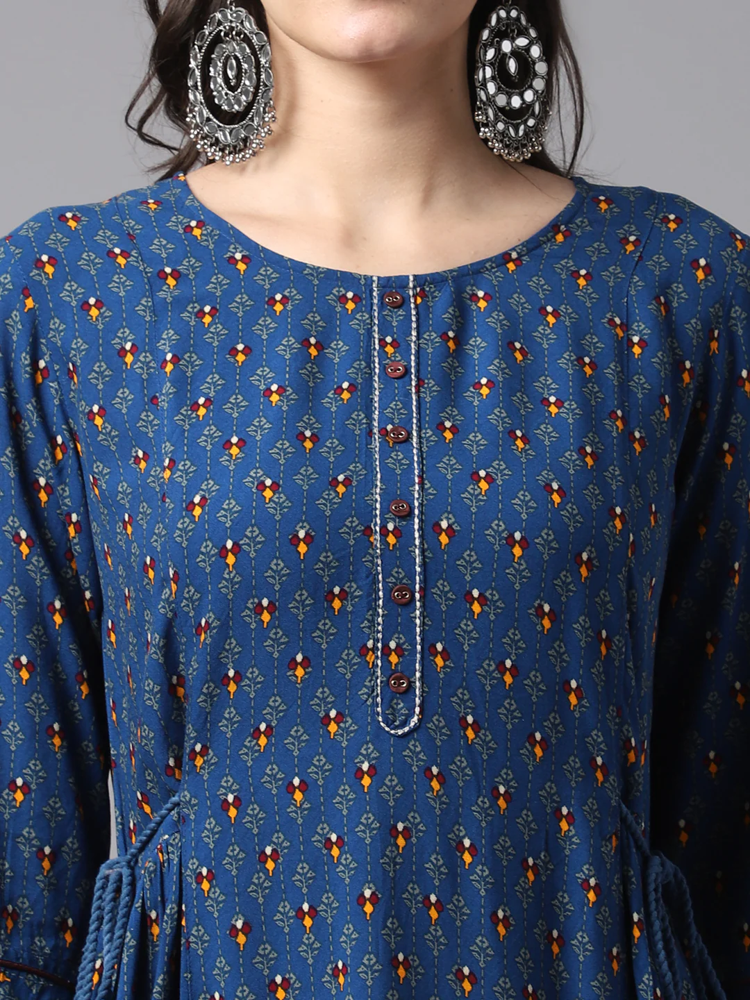 Women's Casual Round neck Blue Printed Calf length Kurti - Image 6