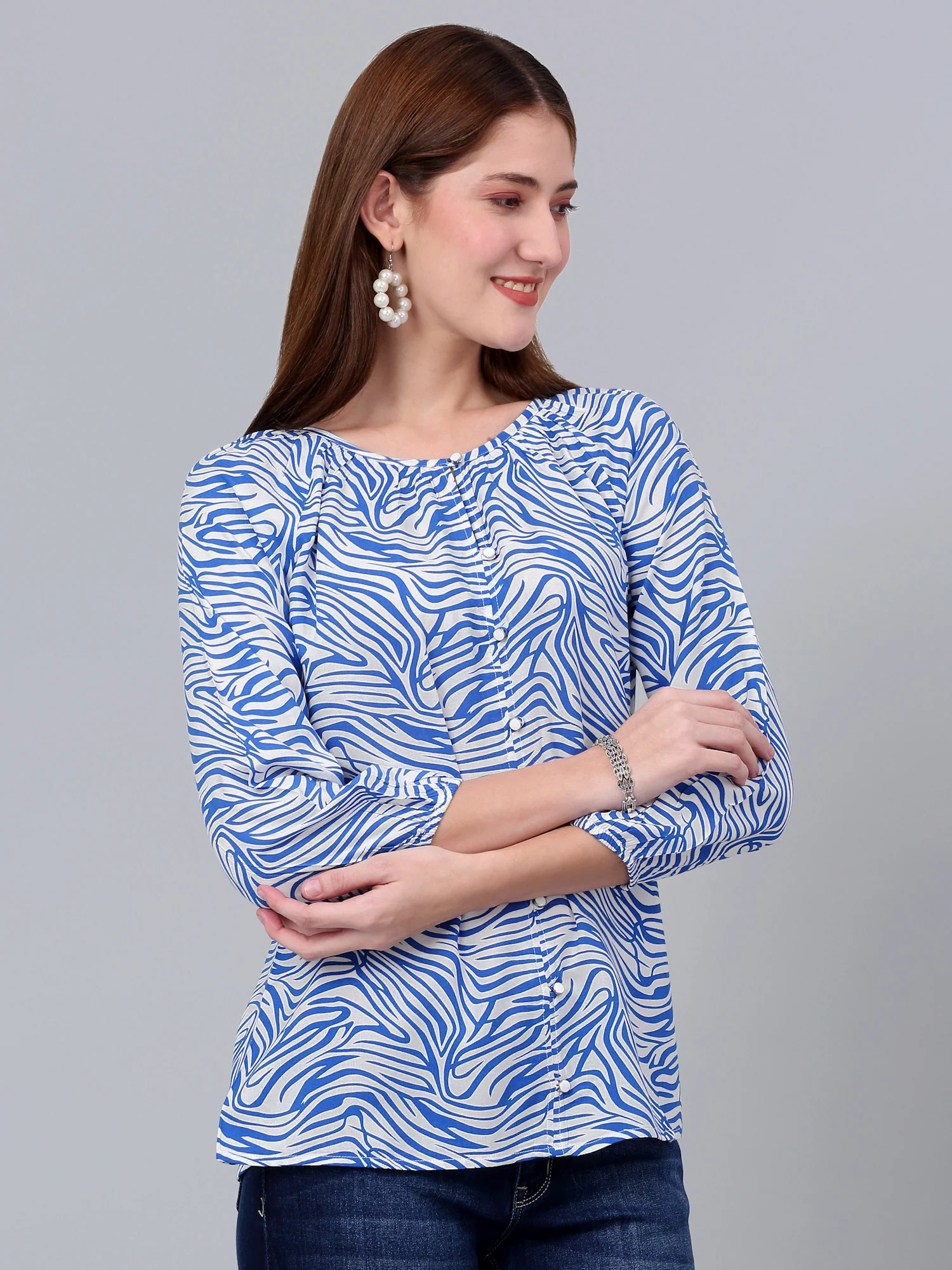 Women's Blue Printed Casual Top - Image 3