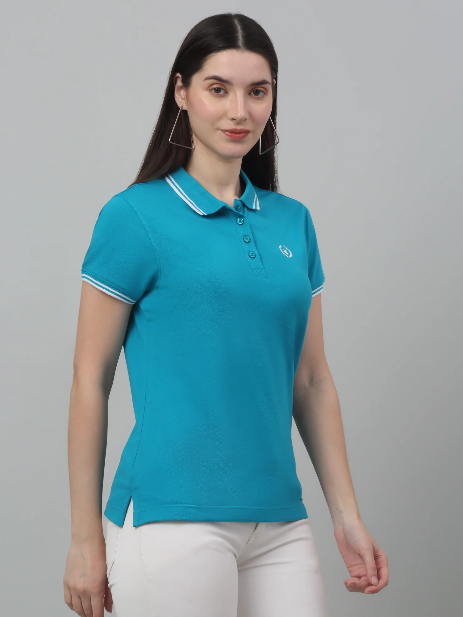Women's Casual Regular Short Sleeve Blue Polo neck  T-Shirt - Image 4