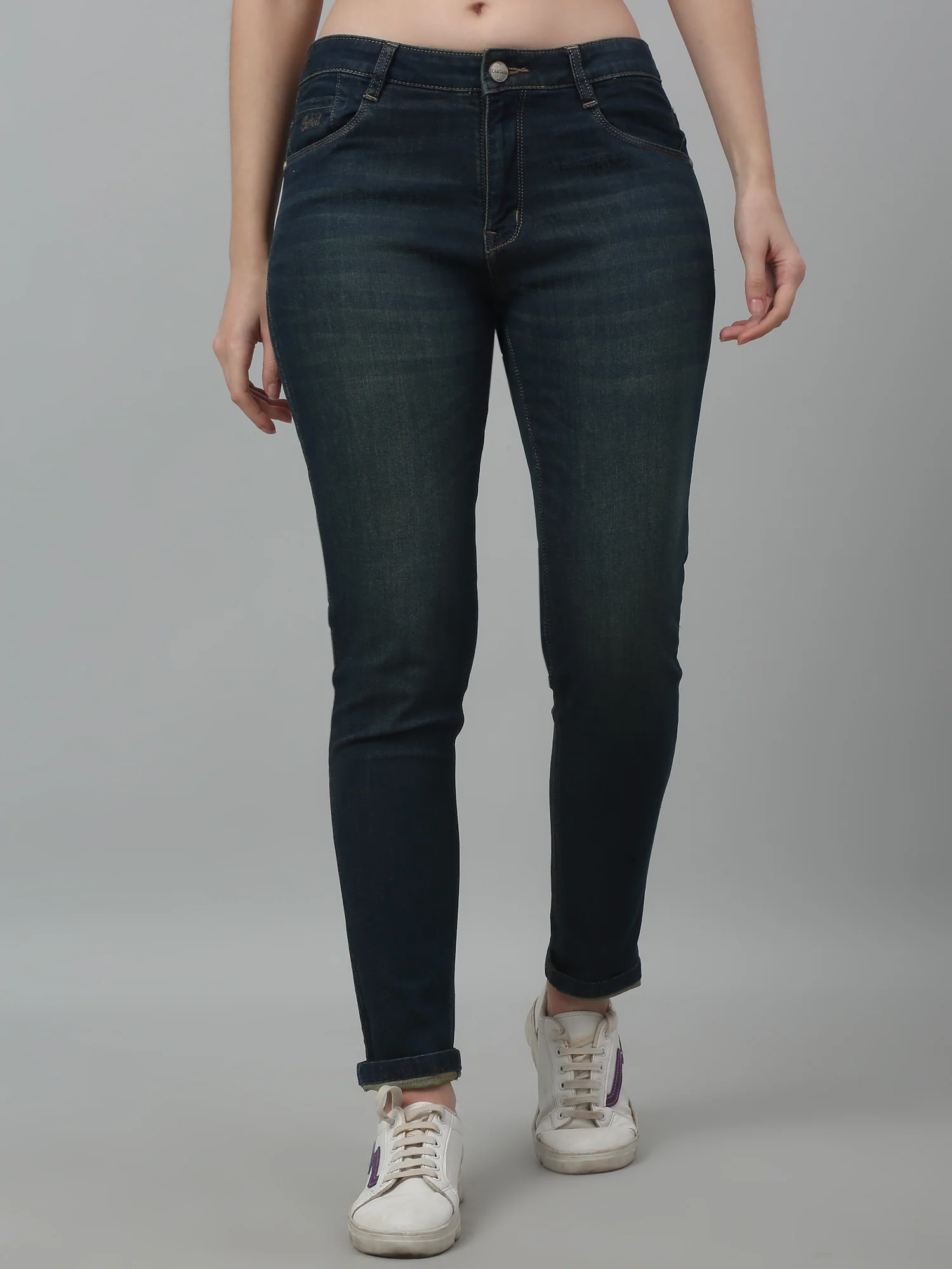 Women's Casual Skinny Fit Dirty Green Light Fade Mid rise Jeans - Image 2