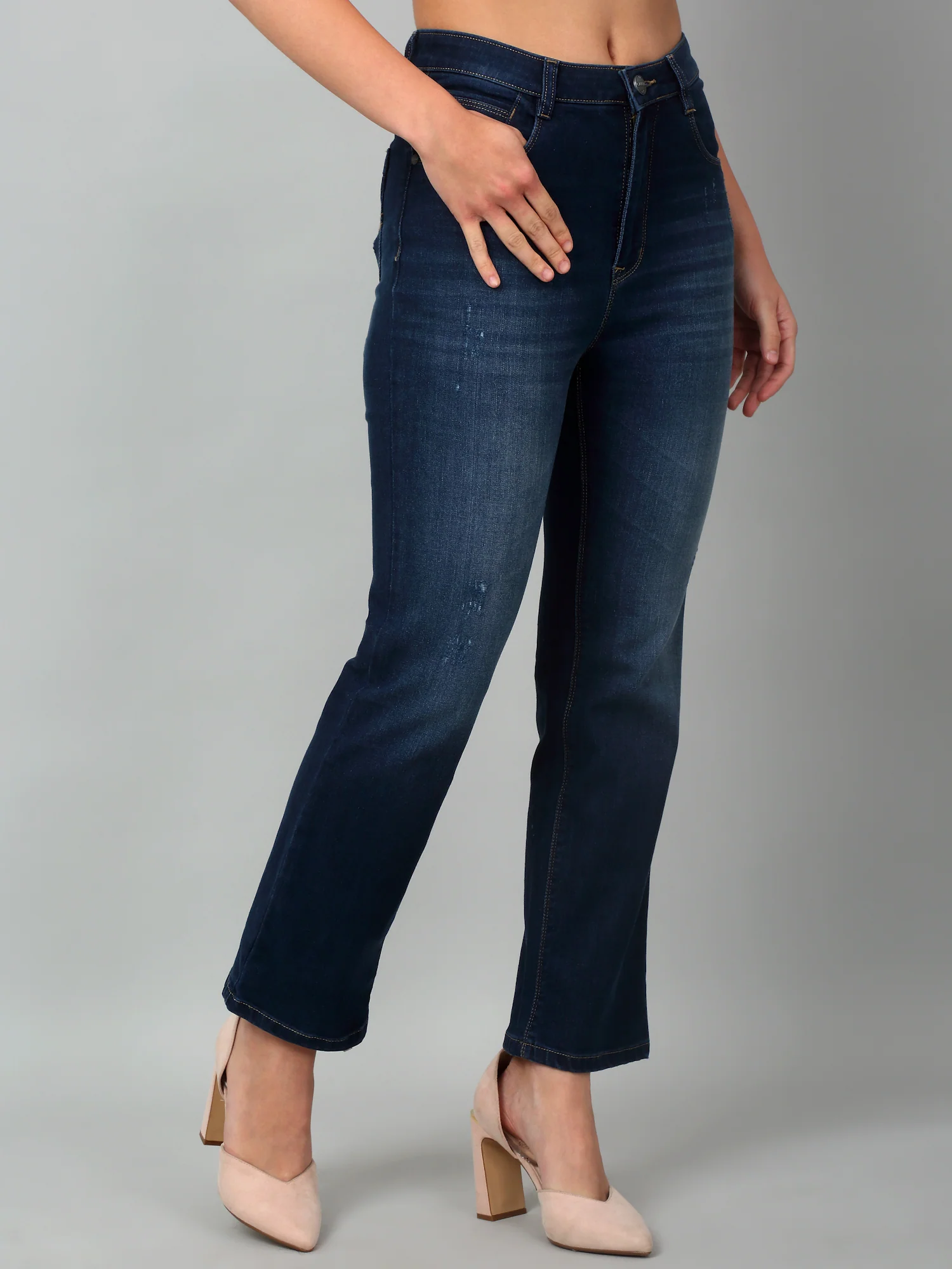 Women's Casual Straight Fit Mercerised Blue Light Fade High Rise Jeans - Image 3