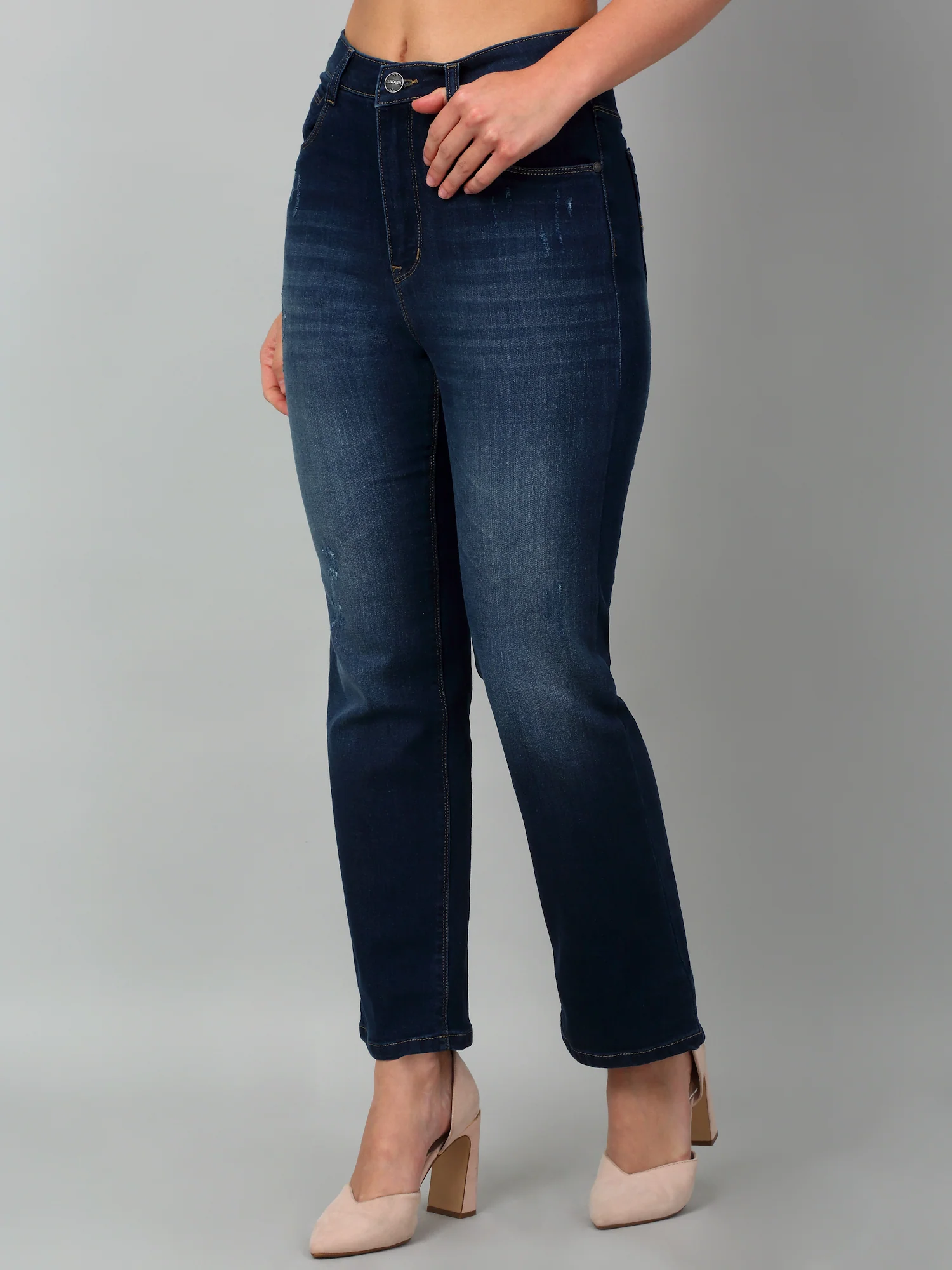 Women's Casual Straight Fit Mercerised Blue Light Fade High Rise Jeans - Image 4
