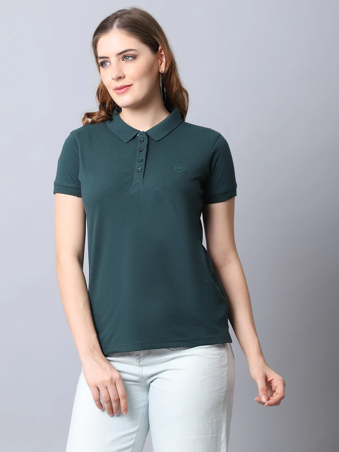 Women's Casual Regular Short Sleeve Bottle Green Polo neck  T-Shirt - Image 3
