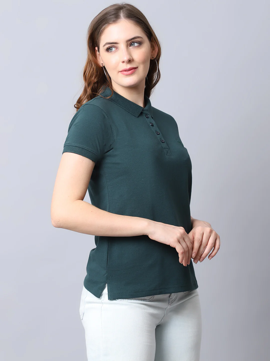 Women's Casual Regular Short Sleeve Bottle Green Polo neck  T-Shirt - Image 4