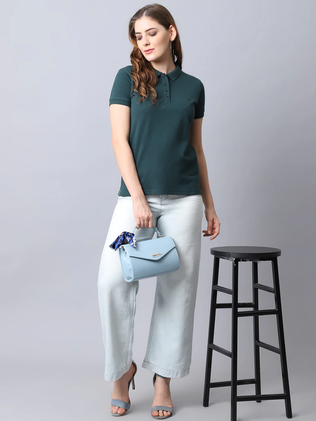 Women's Casual Regular Short Sleeve Bottle Green Polo neck  T-Shirt - Image 5